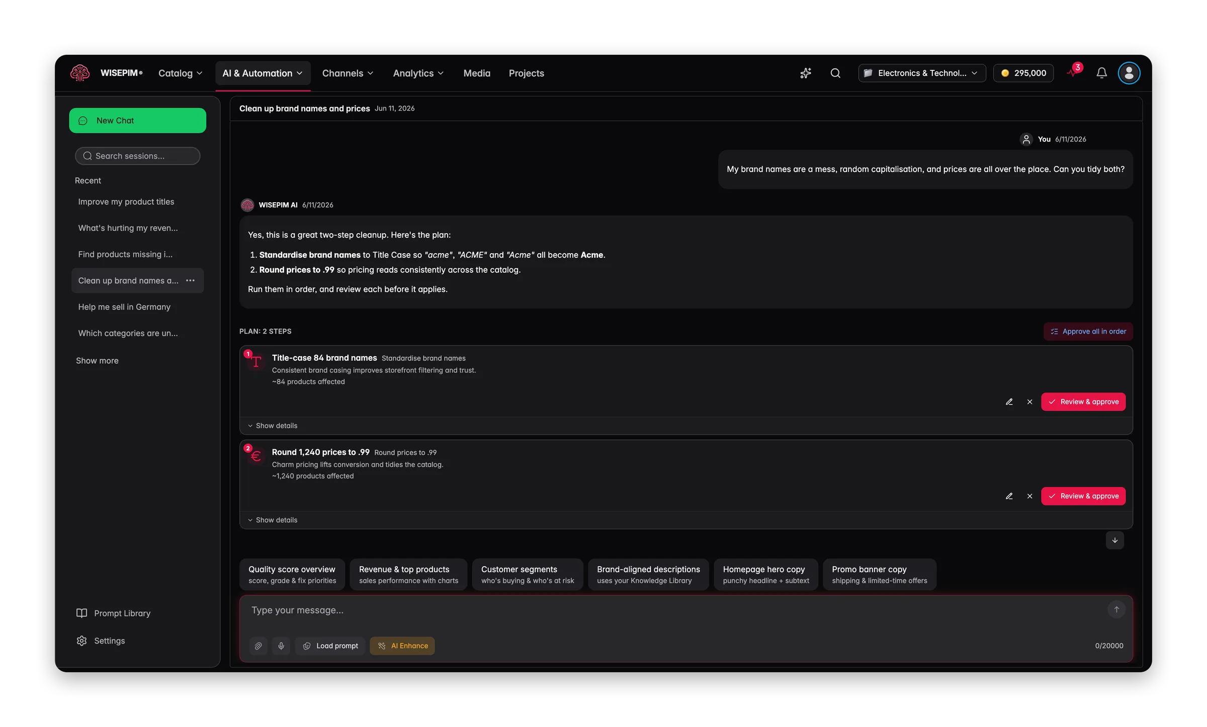 AI Chat stelt een opschoonplan in twee stappen voor met per stap het aantal producten dat het raakt