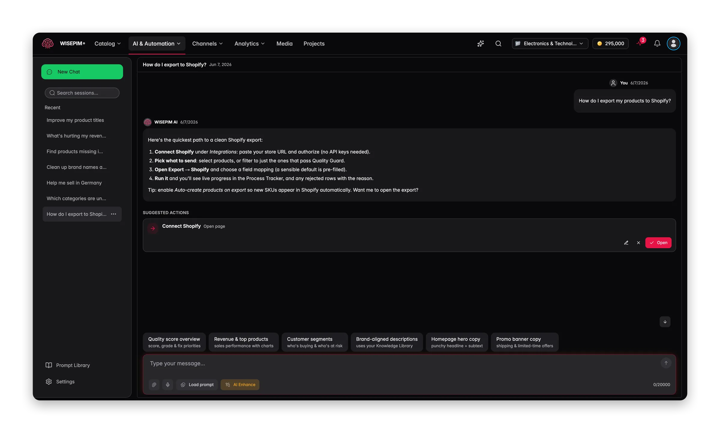 AI Chat legt uit hoe je producten naar Shopify exporteert, met een voorgestelde actie die de integratiepagina opent