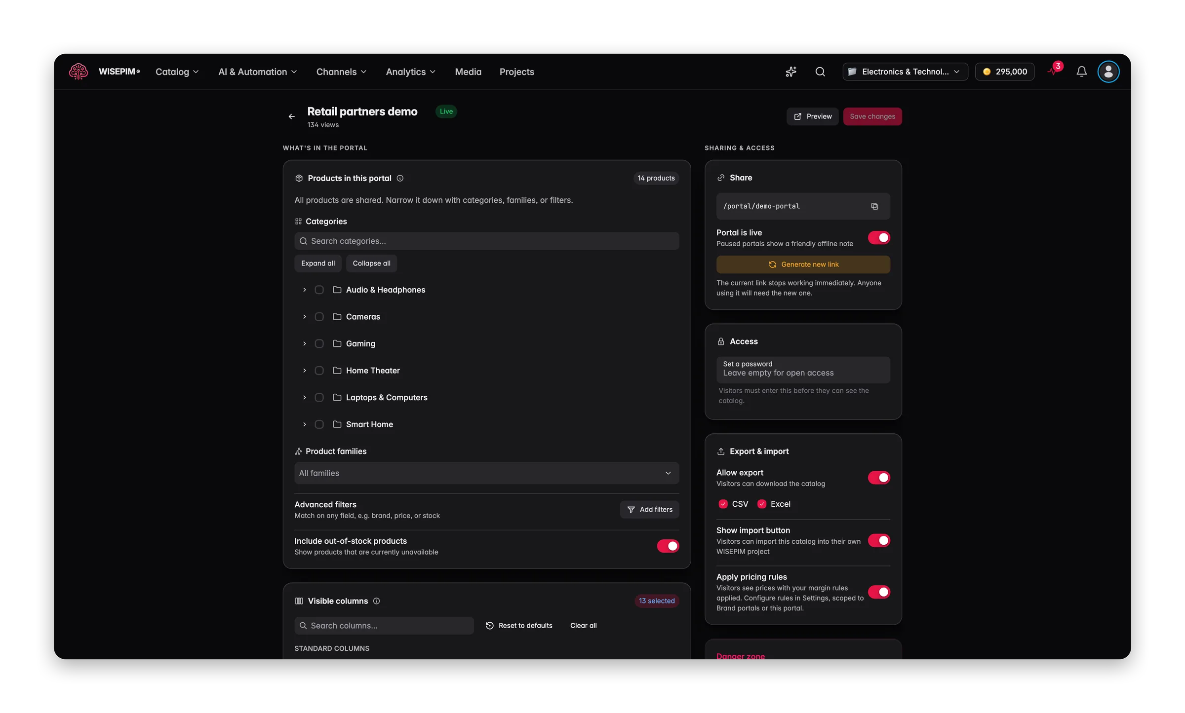 The WISEPIM Brand Portal editor with product scope by category, a share link, a password field, and switches for CSV and Excel export, the import button and pricing rules