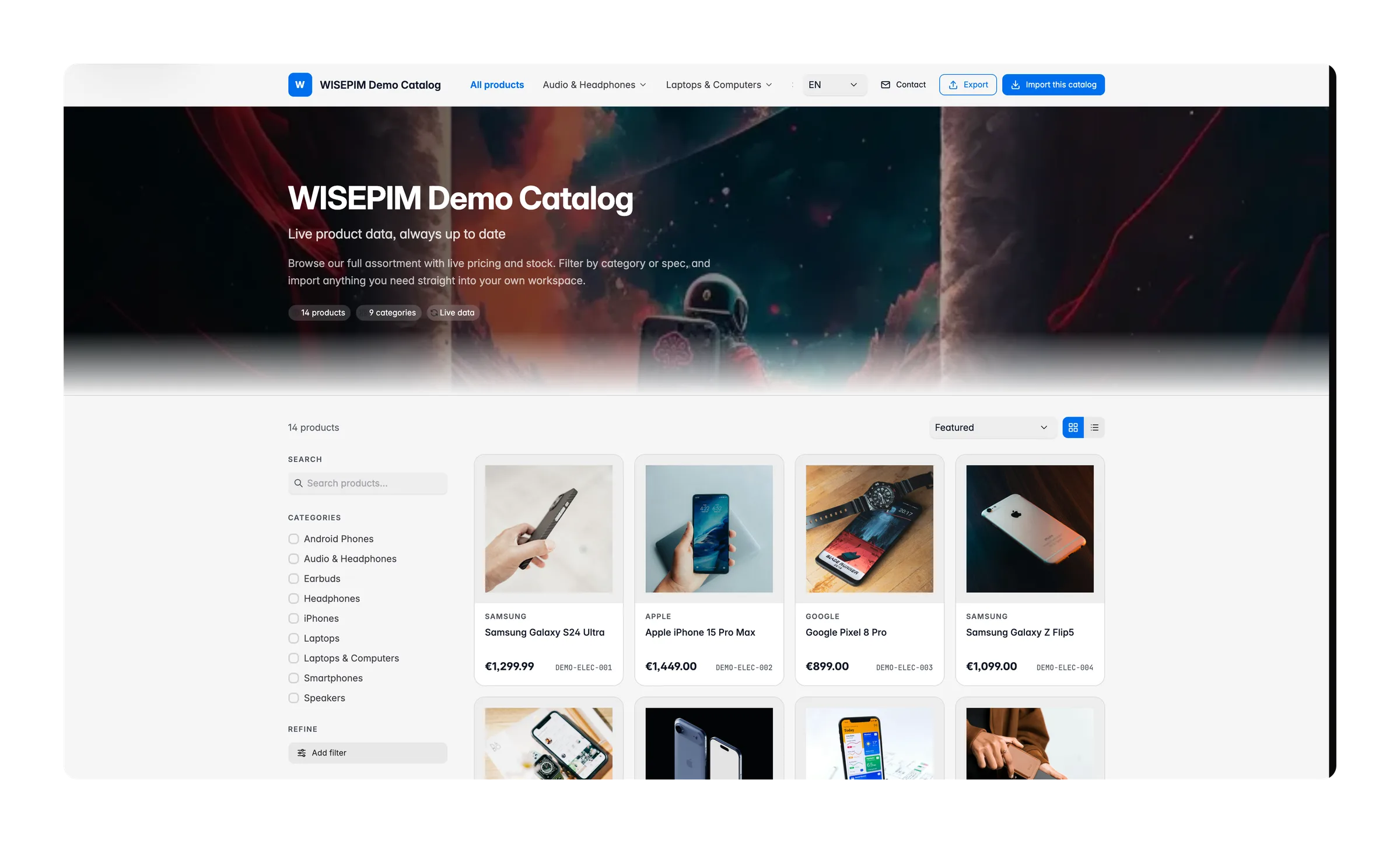 A WISEPIM Brand Portal: the central catalog with search, category filters and an Import this catalog button for members
