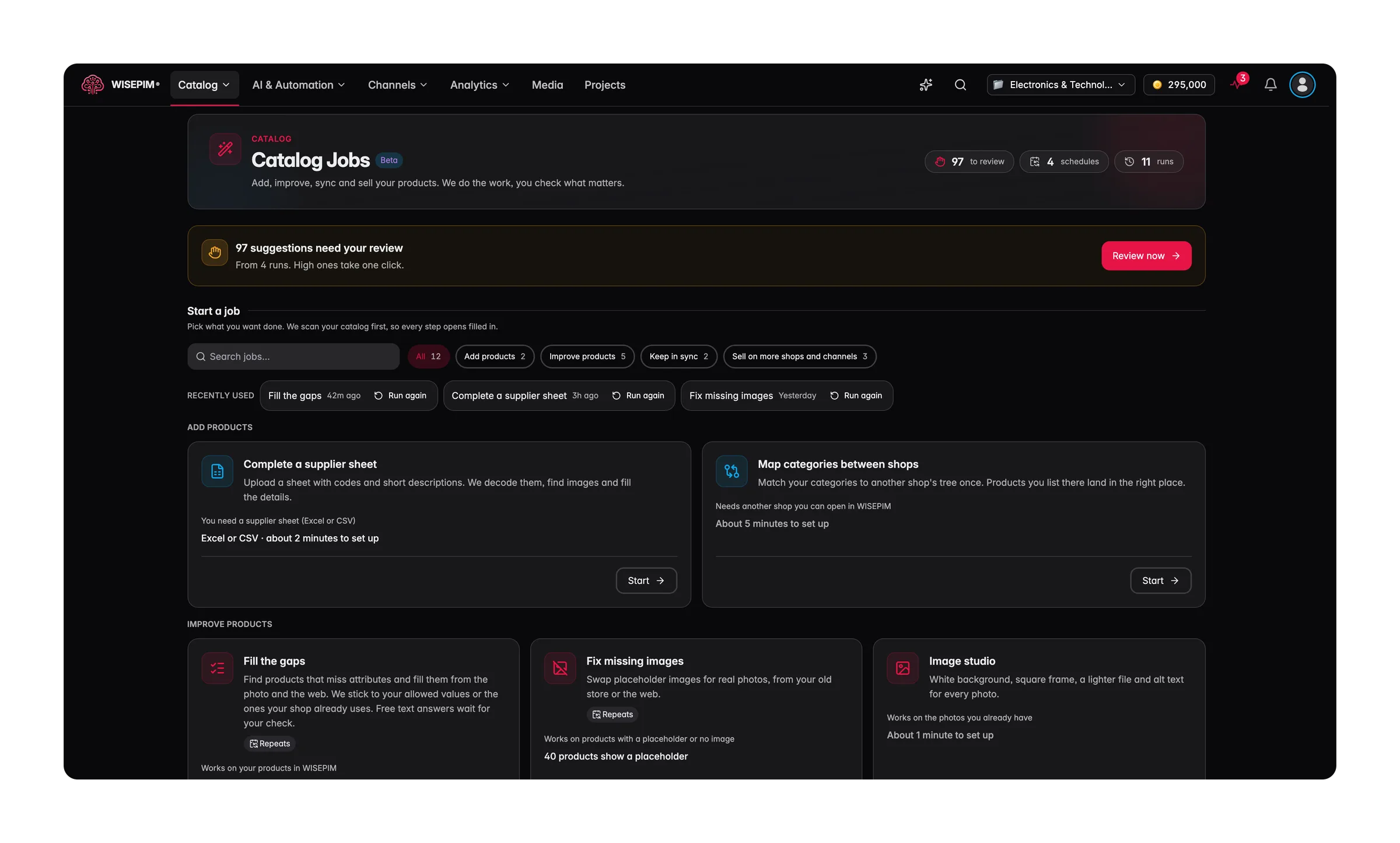 WISEPIM Catalog Jobs hub with a banner of suggestions waiting for review and jobs to add and improve products