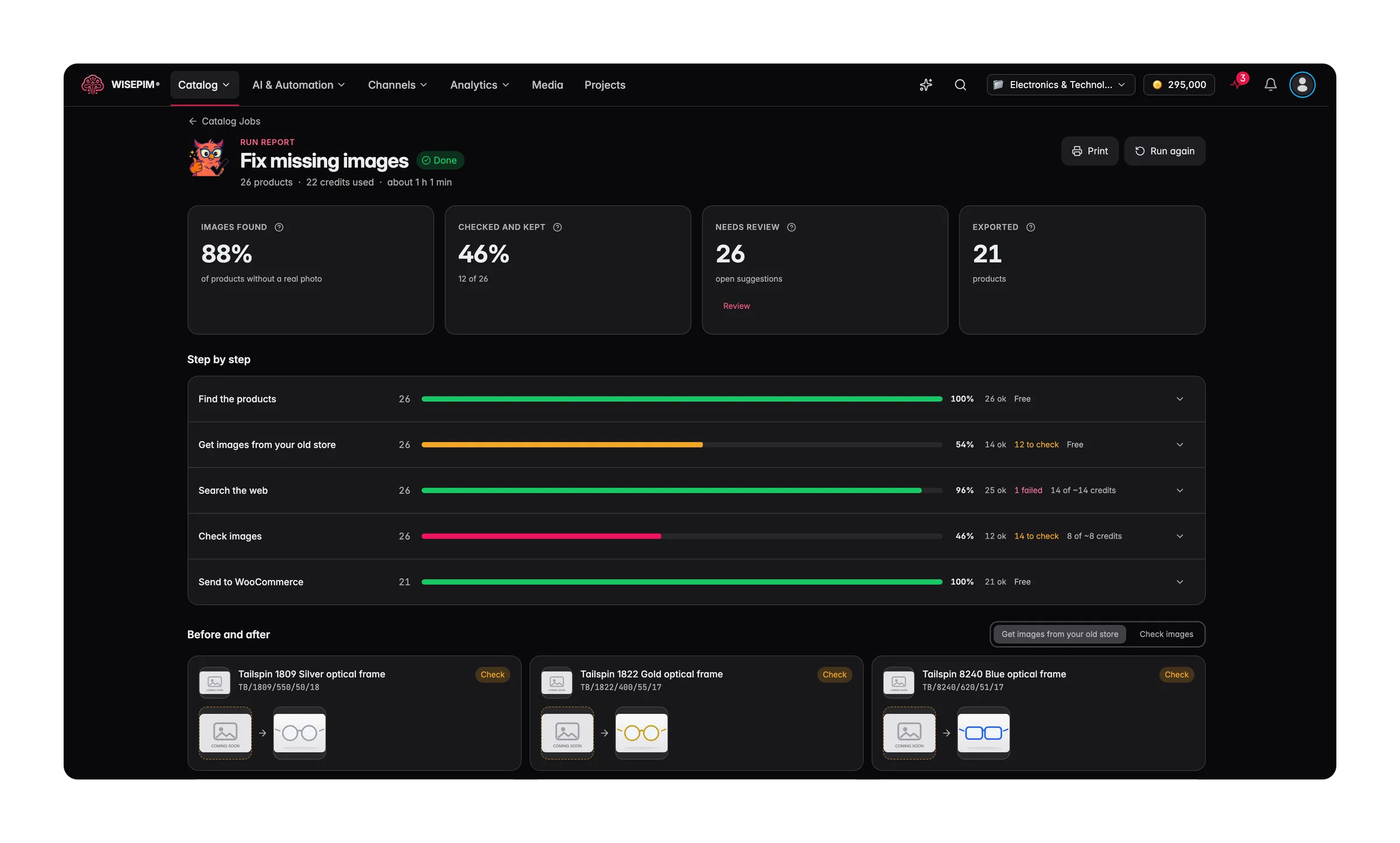 WISEPIM Catalog Jobs run report with images found, products kept, open suggestions, exported products and credits per step