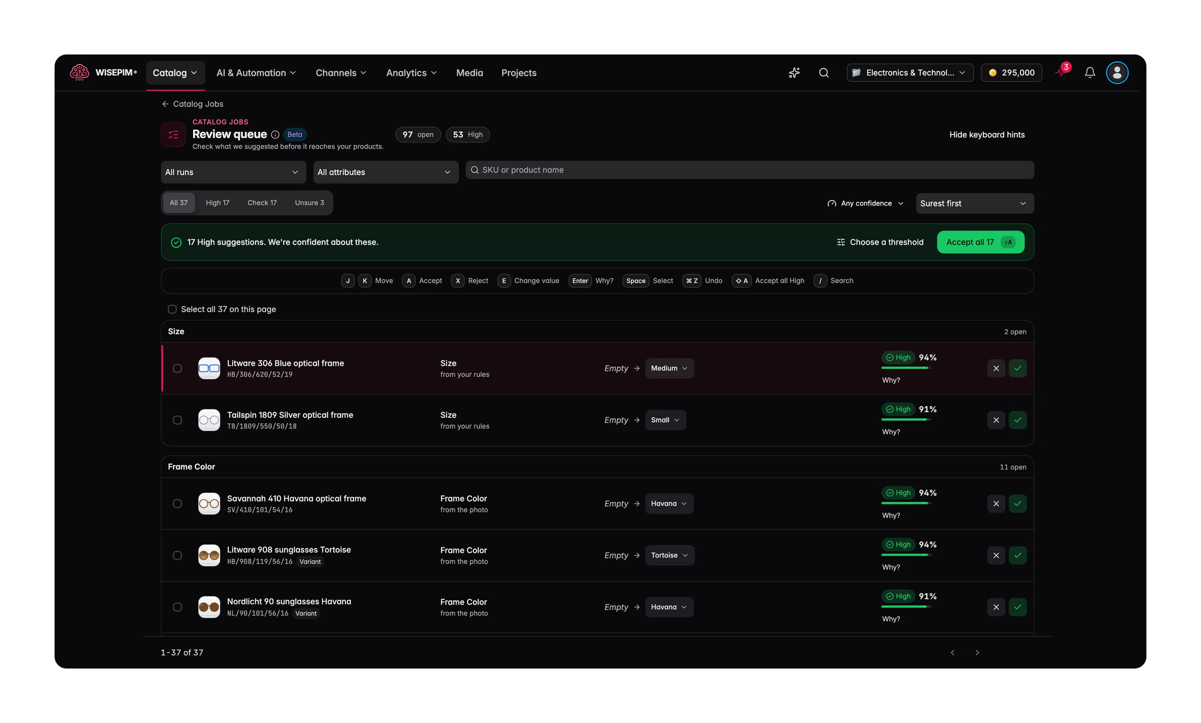 The WISEPIM Review queue with attribute suggestions, their source and a confidence score per product