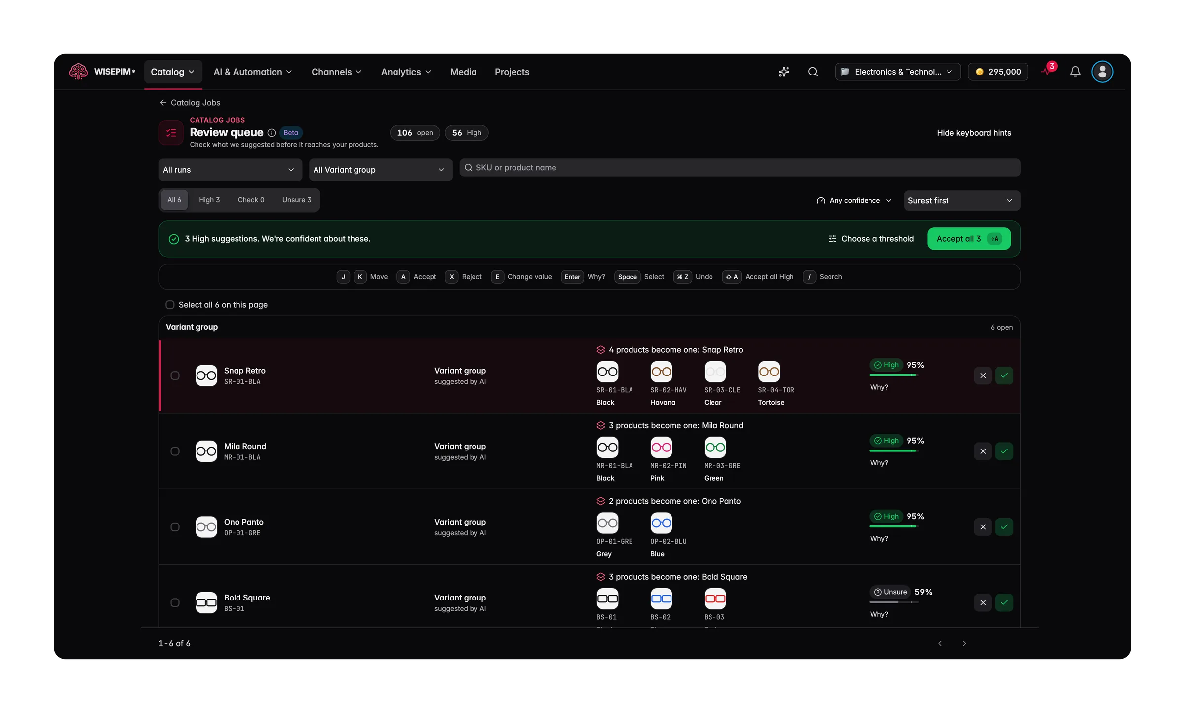 The WISEPIM review queue filtered to variant groups: look-alike frames proposed as one product each, with their colors, SKUs and a confidence score per group