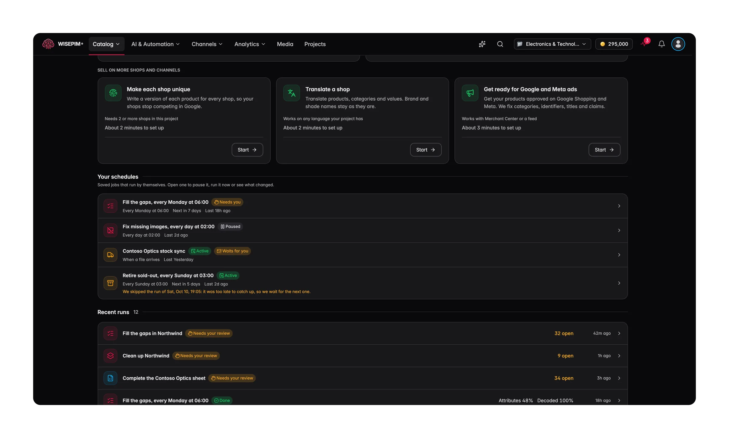 WISEPIM Catalog Jobs schedules with their timing, status and next run, above recent runs with open suggestions