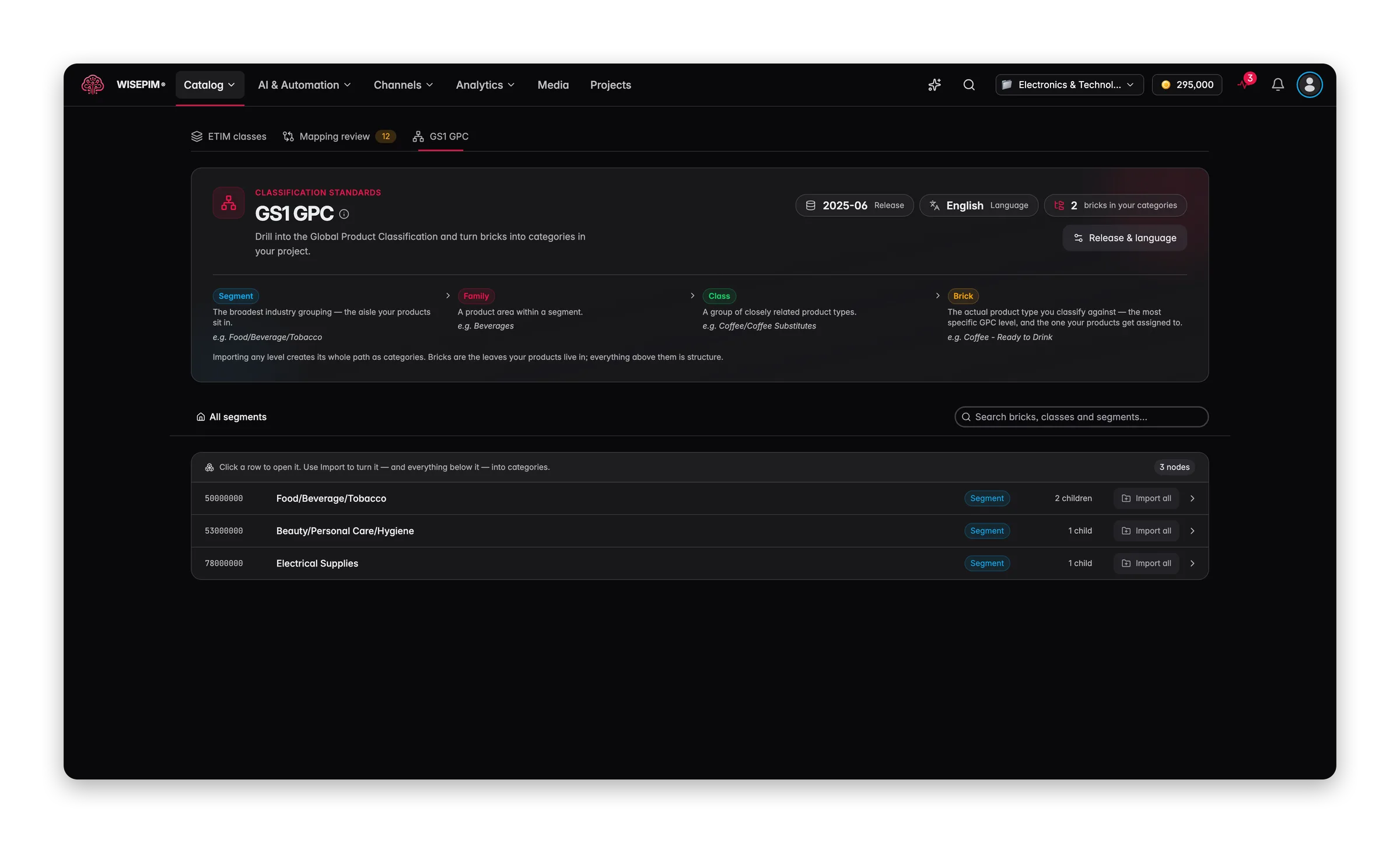 The GS1 GPC browser with the release and language, an explanation of segment, family, class and brick, and segments with Import all actions