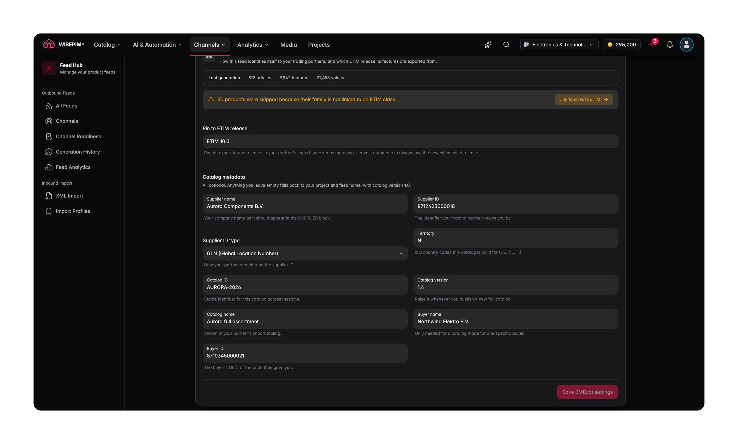 BMEcat feed settings pinned to ETIM 10.0, with the last run's article, feature and value counts, a skipped-products warning and the catalog header fields