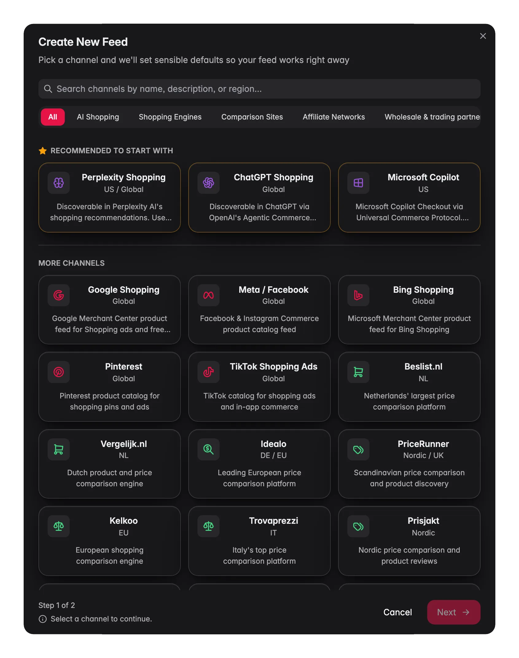 The create-feed dialog listing channels grouped into AI shopping, shopping engines, comparison sites, affiliate networks and wholesale partners
