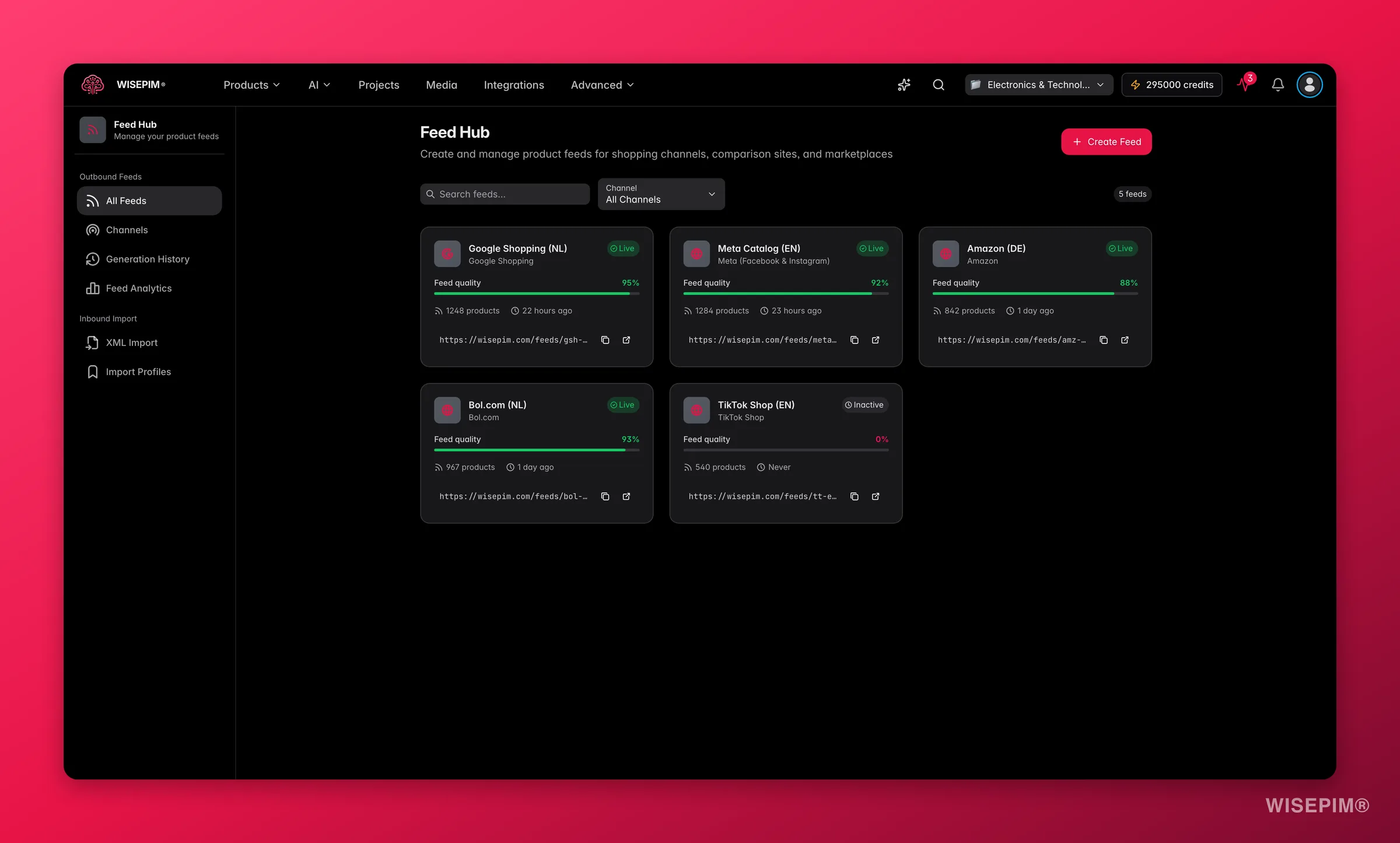 WISEPIM Feed Hub: multi-channel feed management dashboard