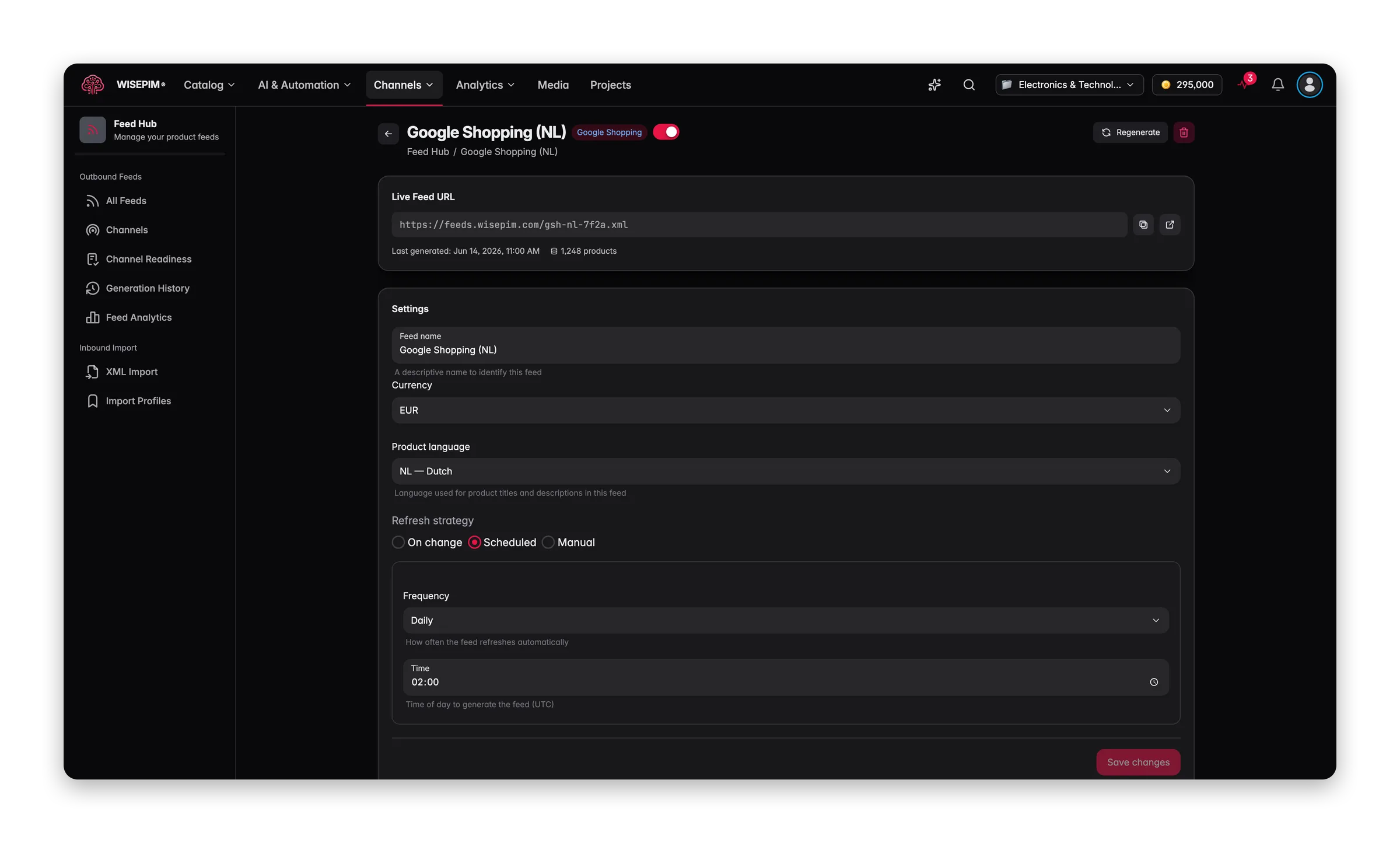 Feed Hub settings for a Google Shopping feed with its live feed URL, product count, product language, currency and a daily refresh schedule