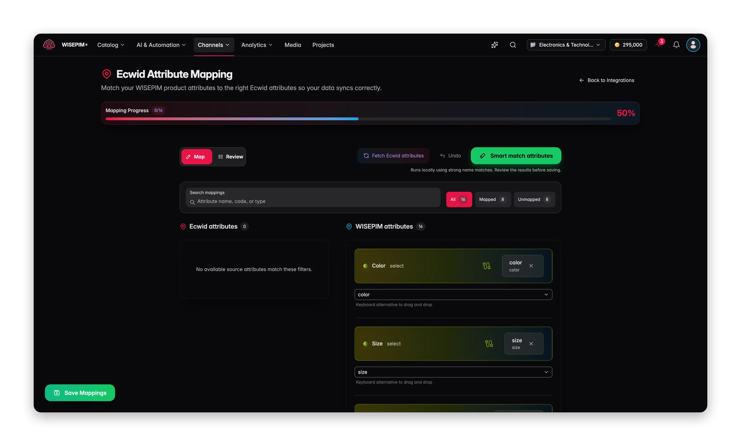 The WISEPIM attribute mapper matching product fields to a connected channel