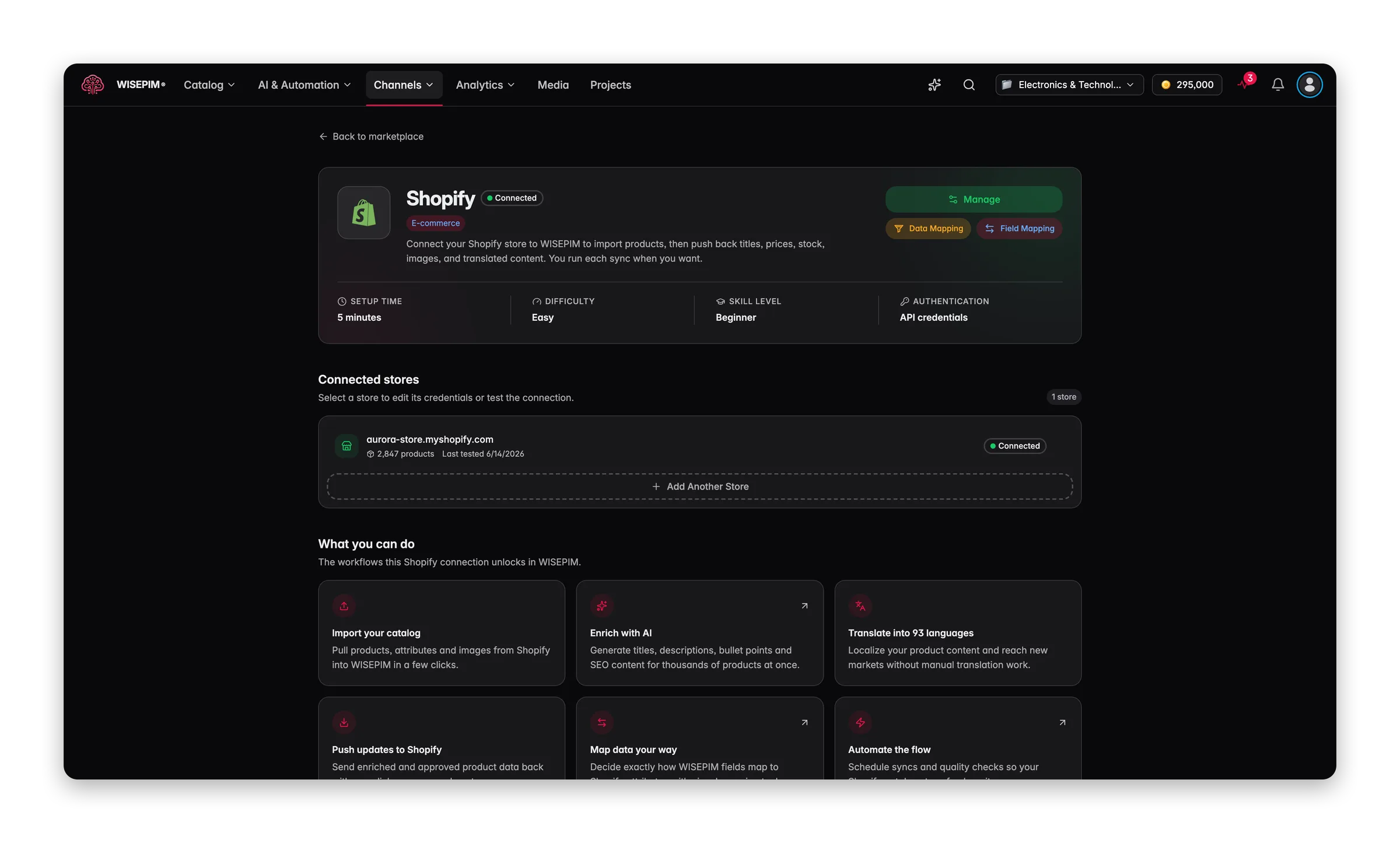 A Shopify connection detail page in WISEPIM