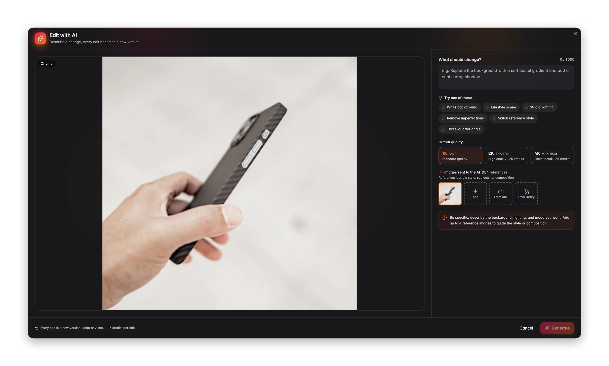 The Edit with AI dialog with a prompt, reference images and output quality controls