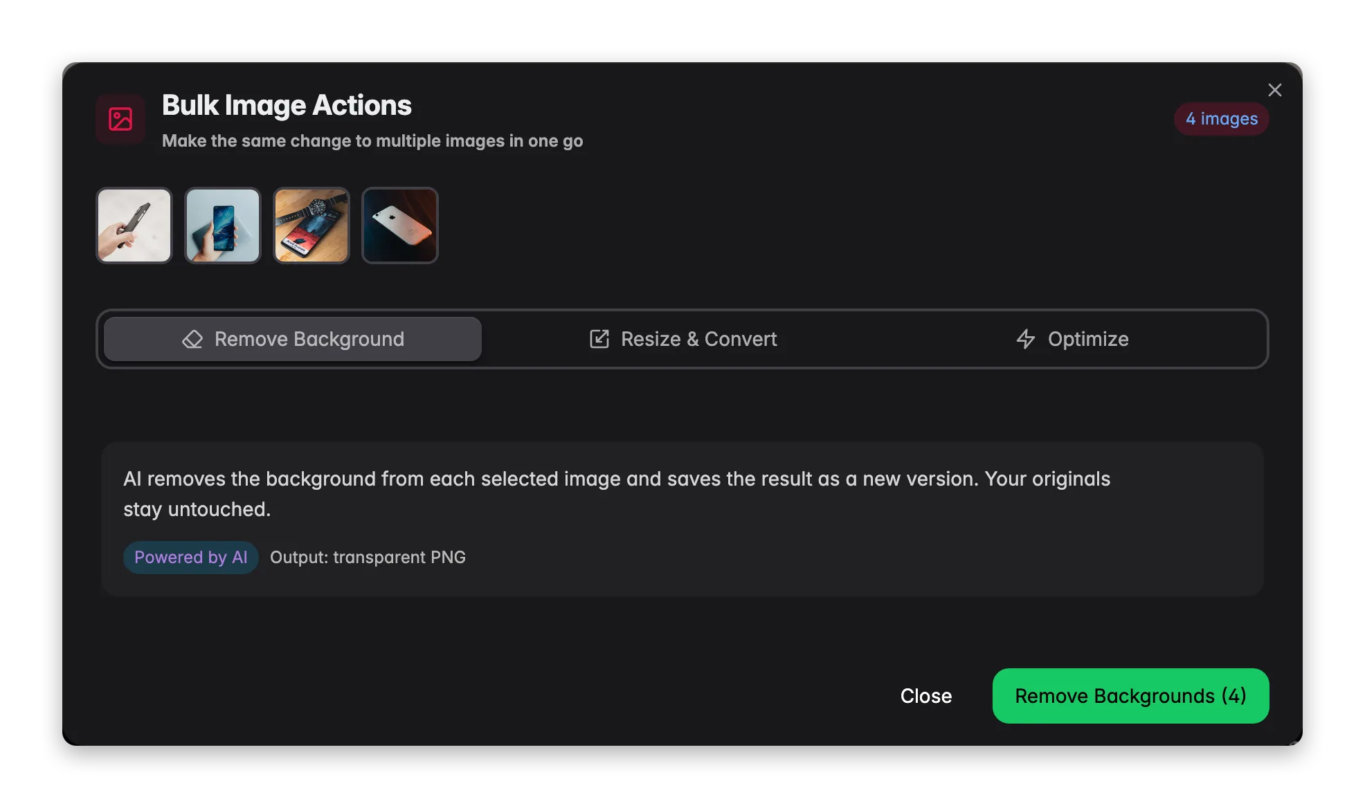 Bulk image tools applying background removal, resize and optimization to several selected images