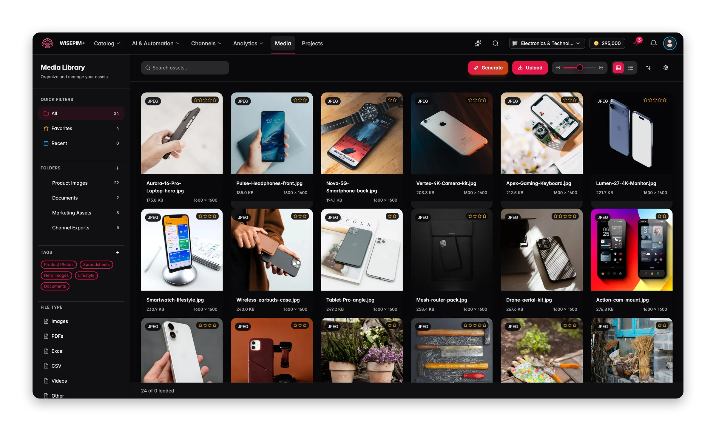 The media library grid of product images with folders and tags