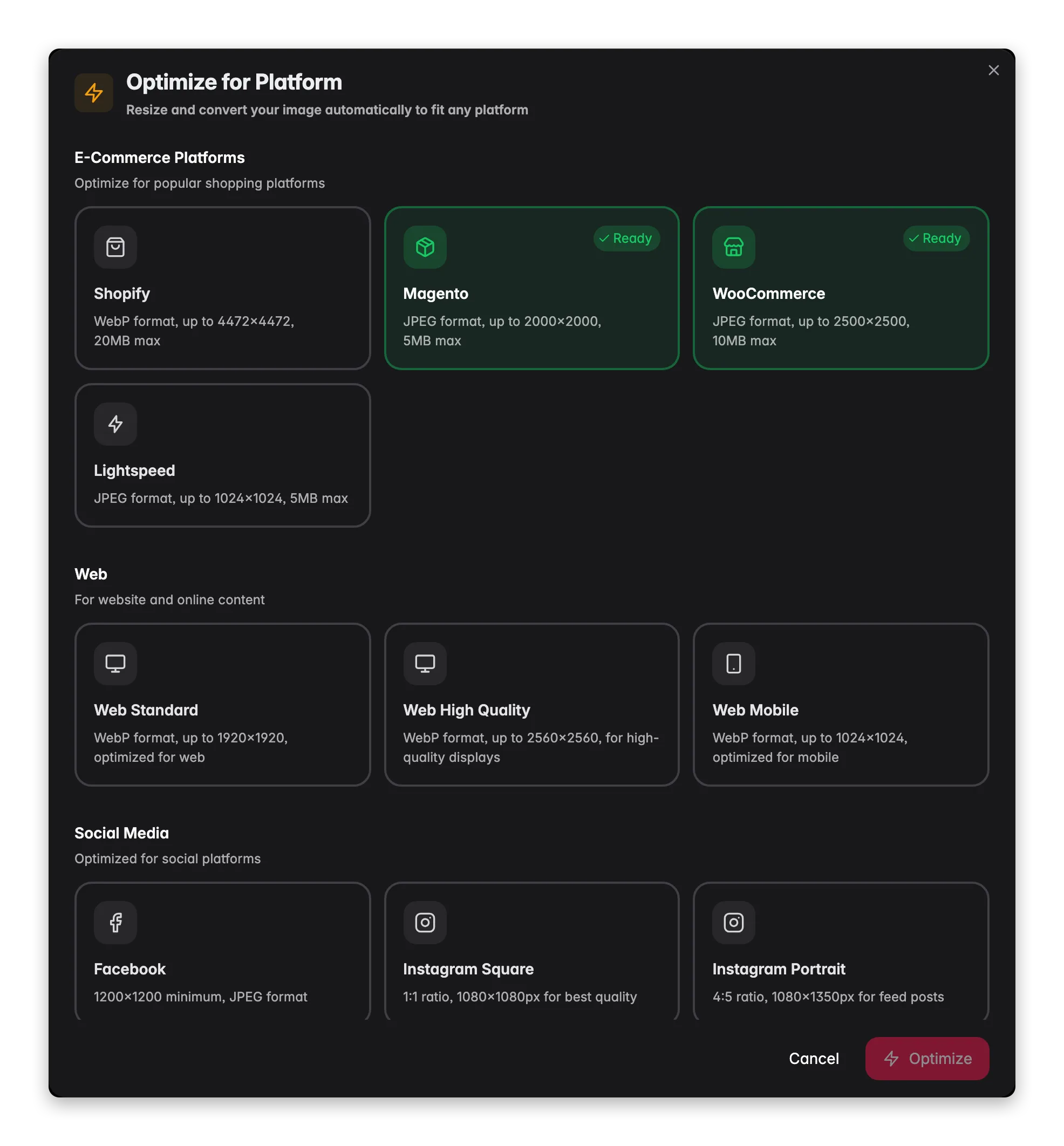 The optimize-for-platform dialog listing channel presets for an image