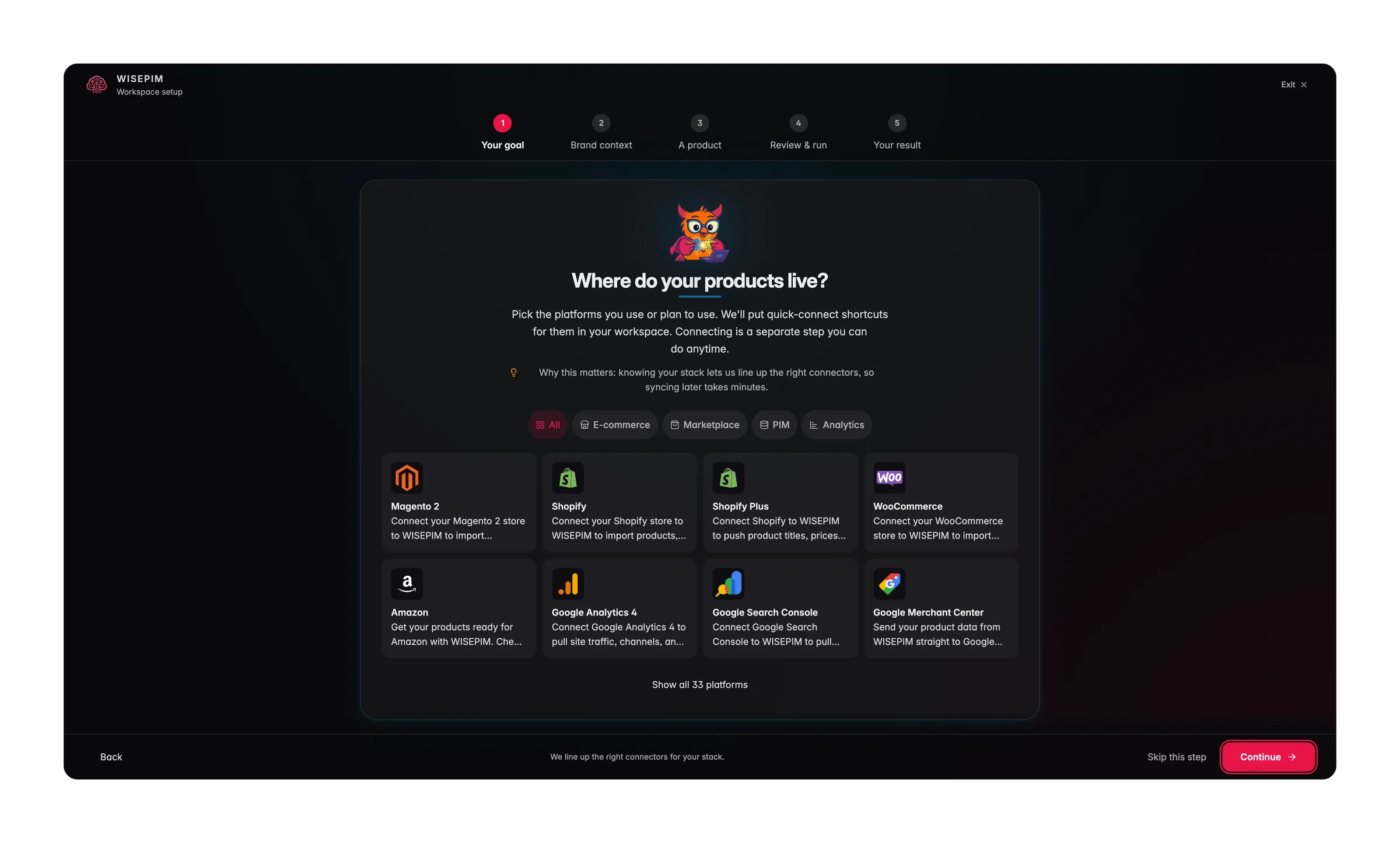 WISEPIM onboarding step for connecting a webshop integration