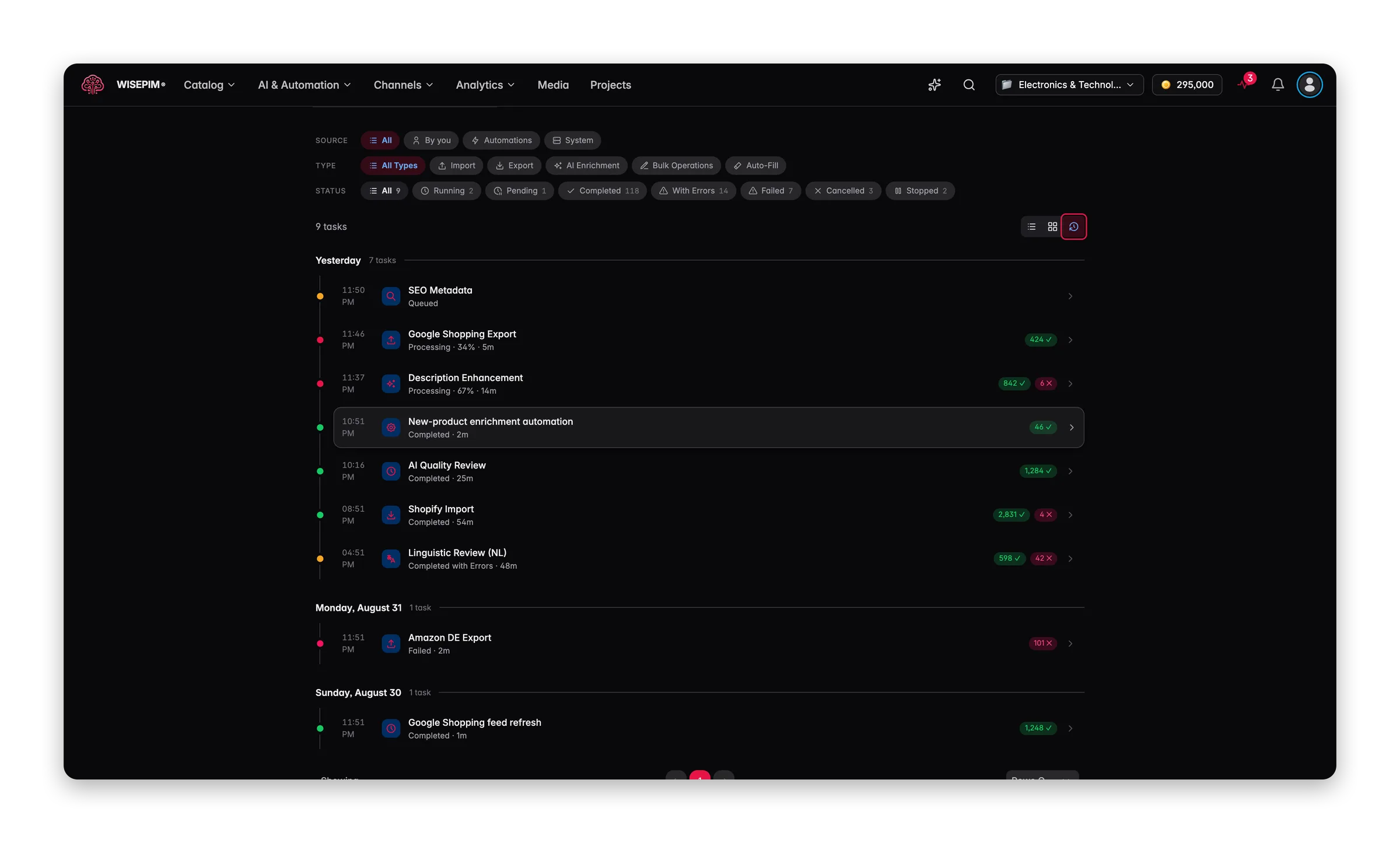 The Process Tracker timeline listing imports, enrichment runs and exports with their item counts