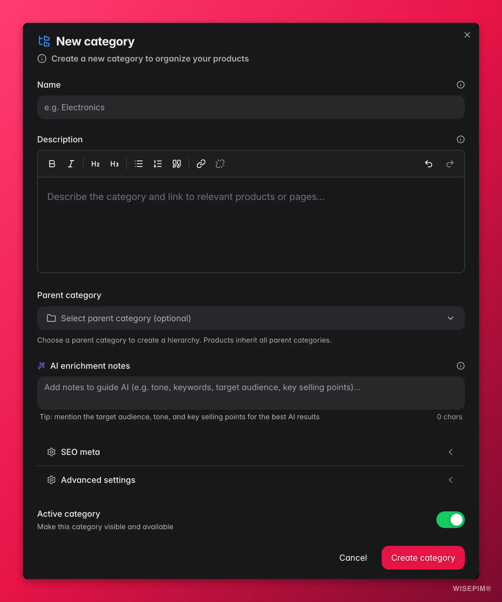 Create category dialog showing the category name, parent selector, and description fields