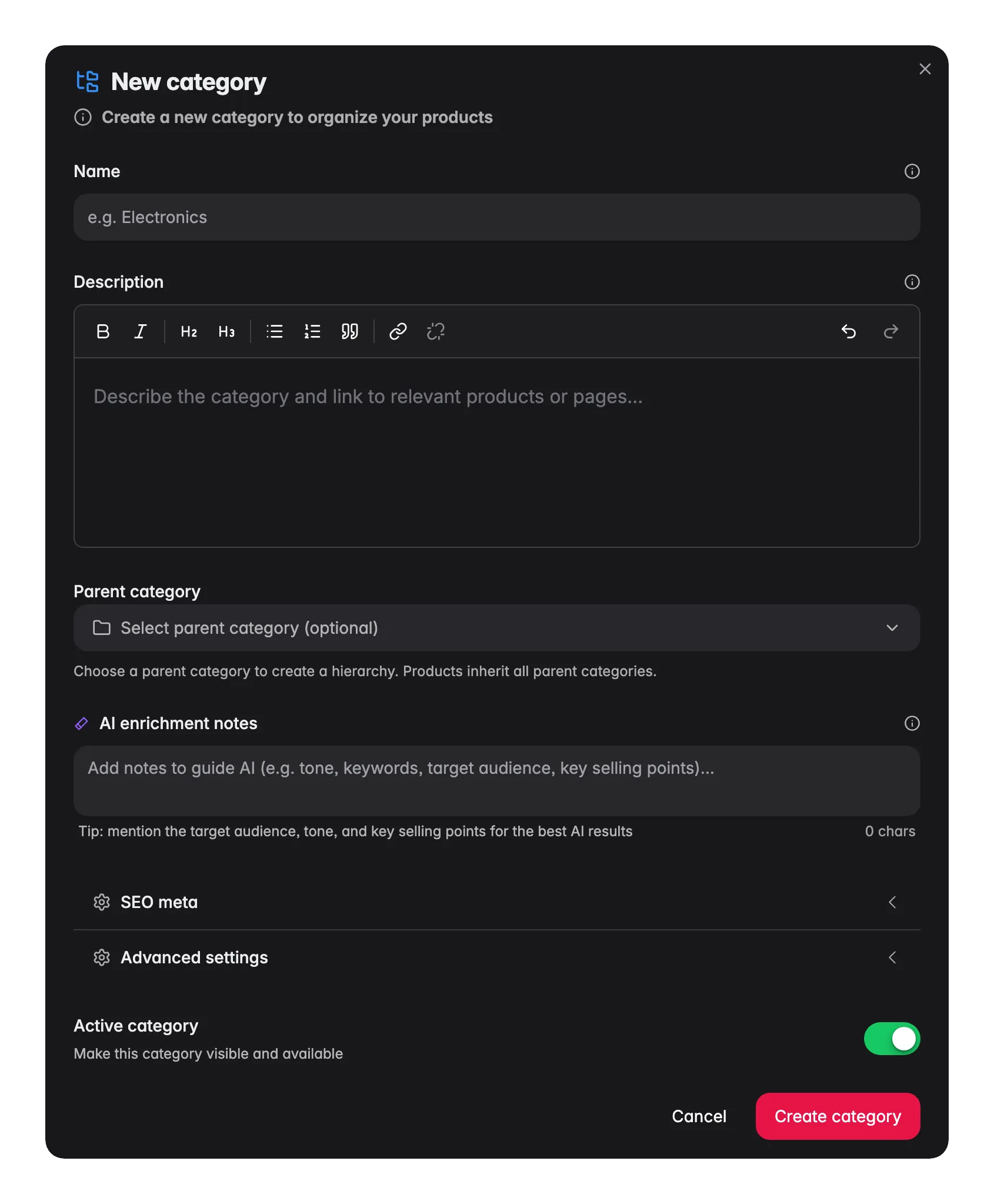 The create category dialog with the name, parent selector and description fields