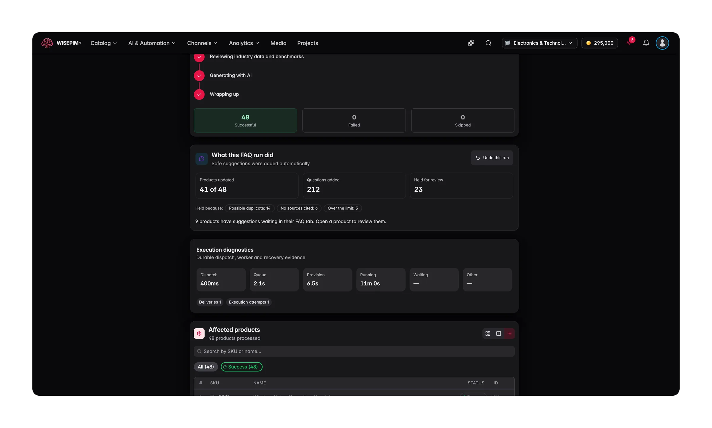 WISEPIM task page of a finished bulk FAQ run: products updated, questions added, suggestions held for review with the reason, and an Undo this run button