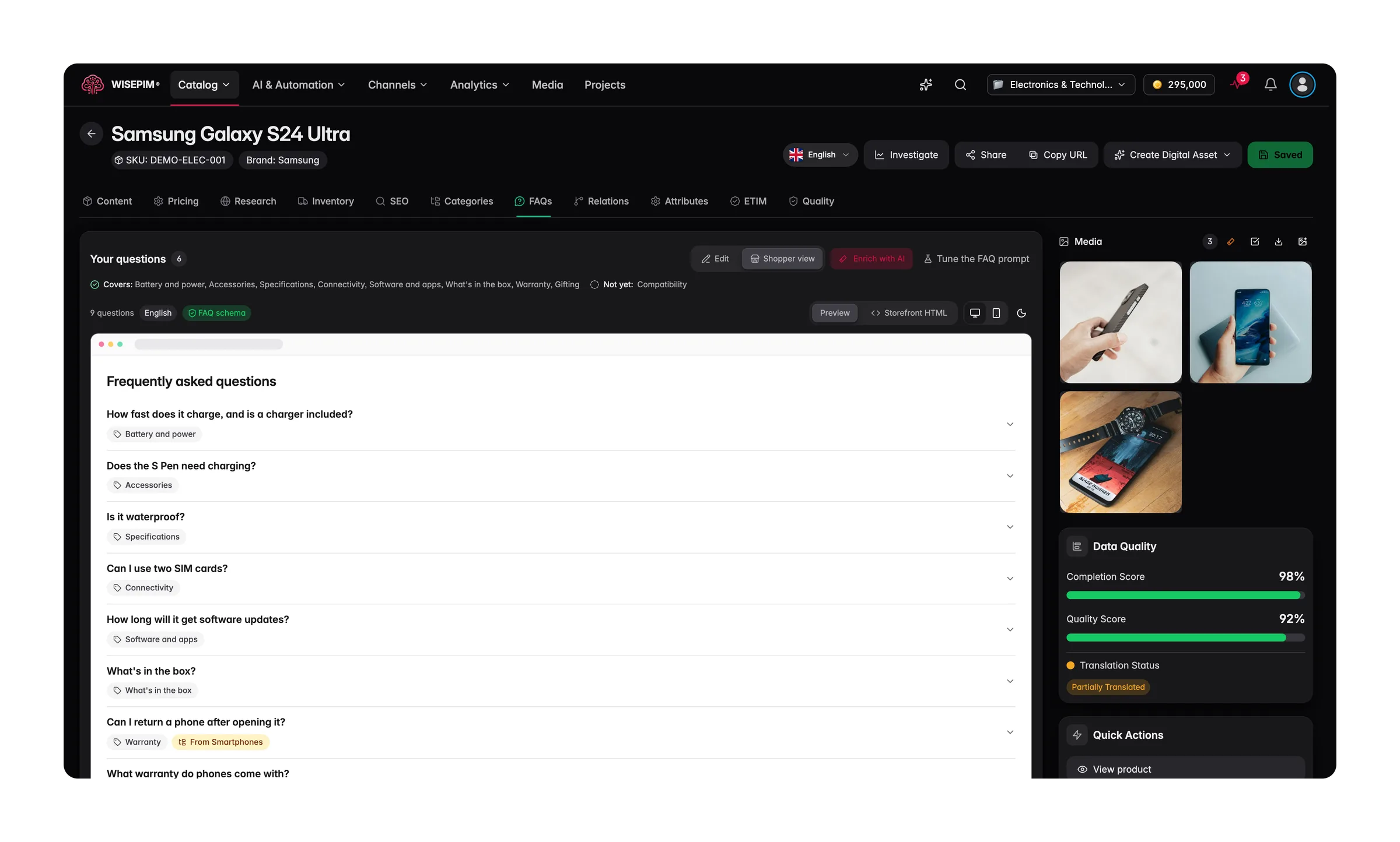 WISEPIM FAQs tab in Shopper view: a storefront-style Frequently asked questions accordion with nine questions, an FAQ schema badge, and a warranty question marked From Smartphones