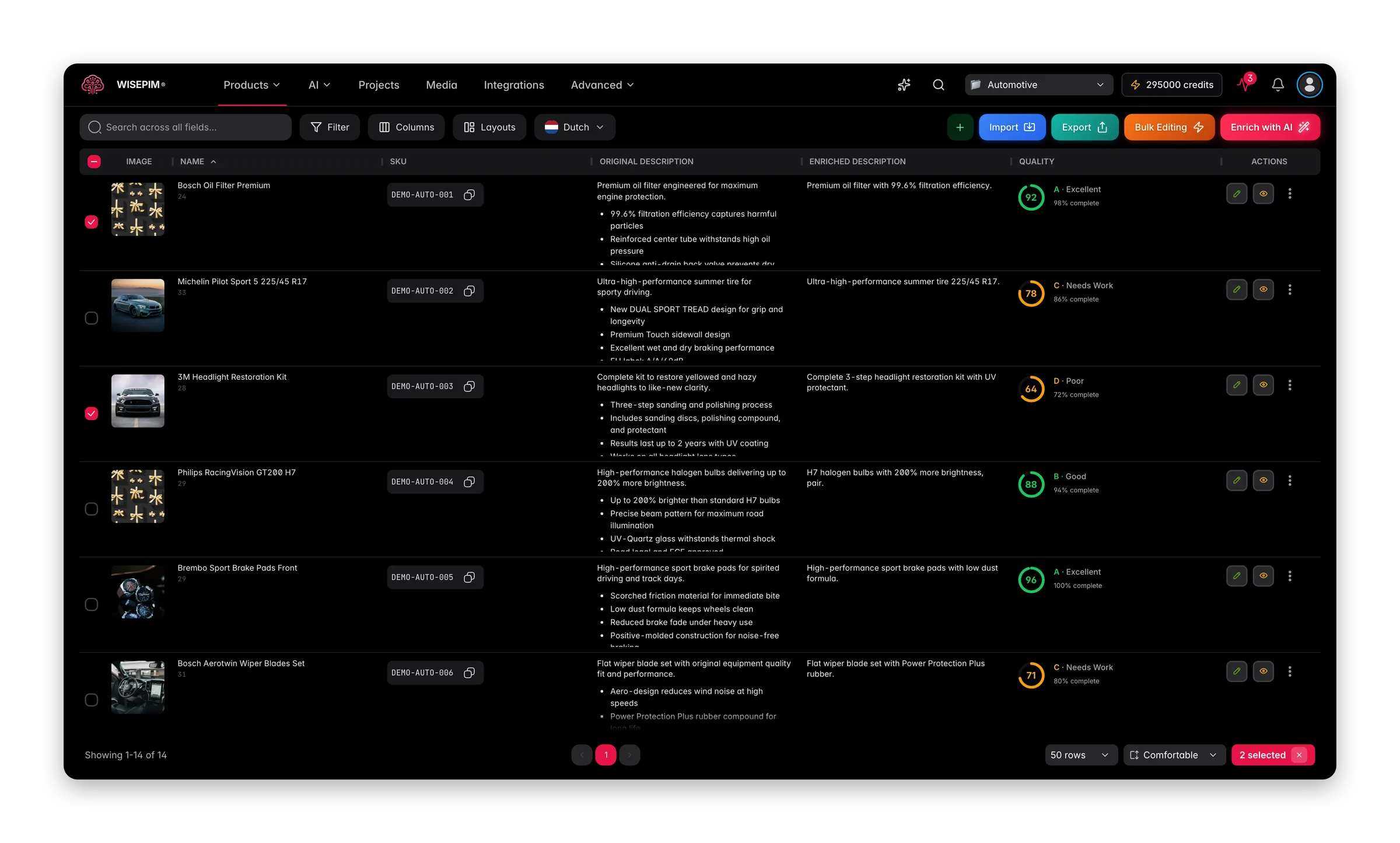 WISEPIM interface showing pim-for-automotive-parts products