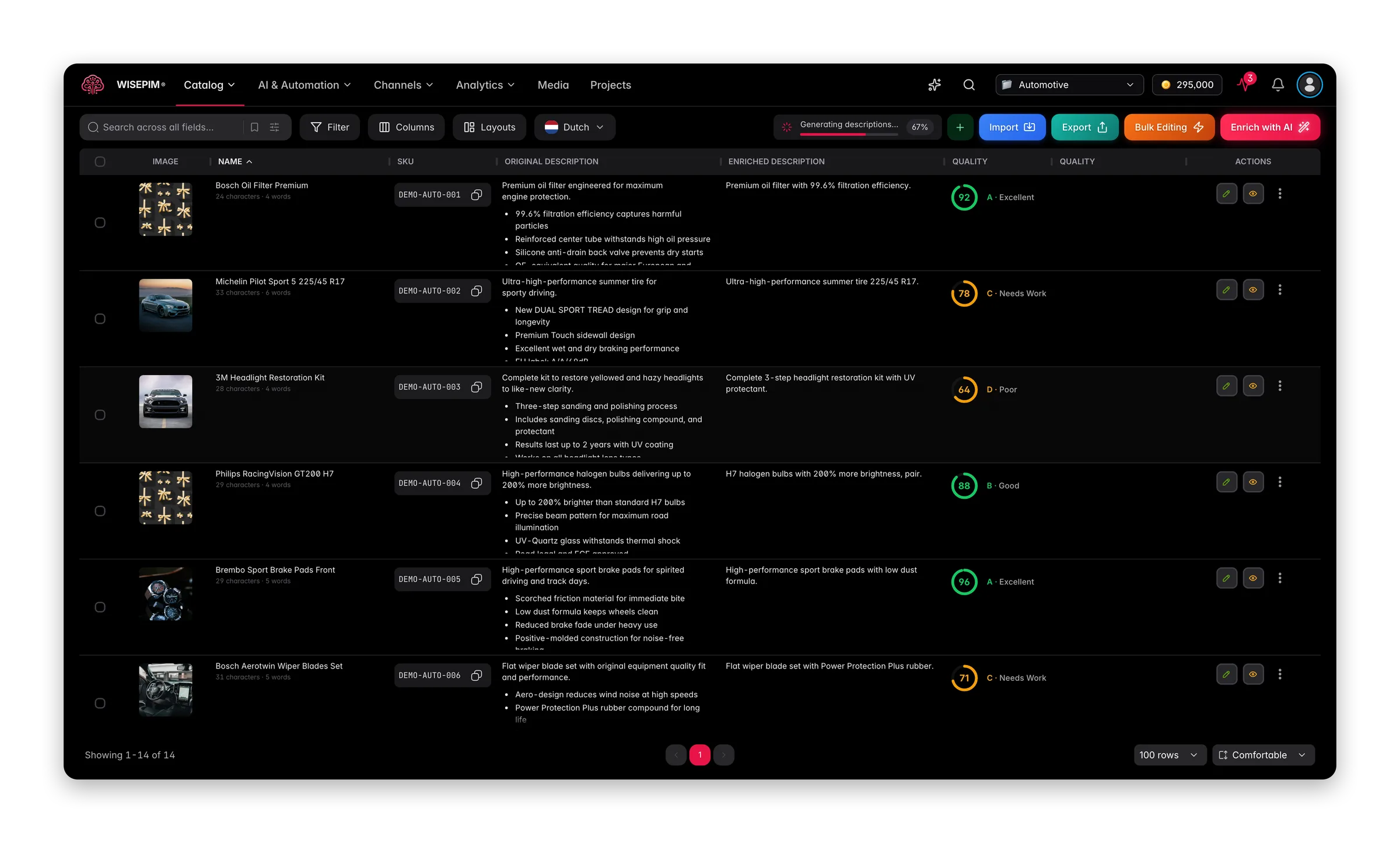 WISEPIM interface showing pim-for-automotive-parts products