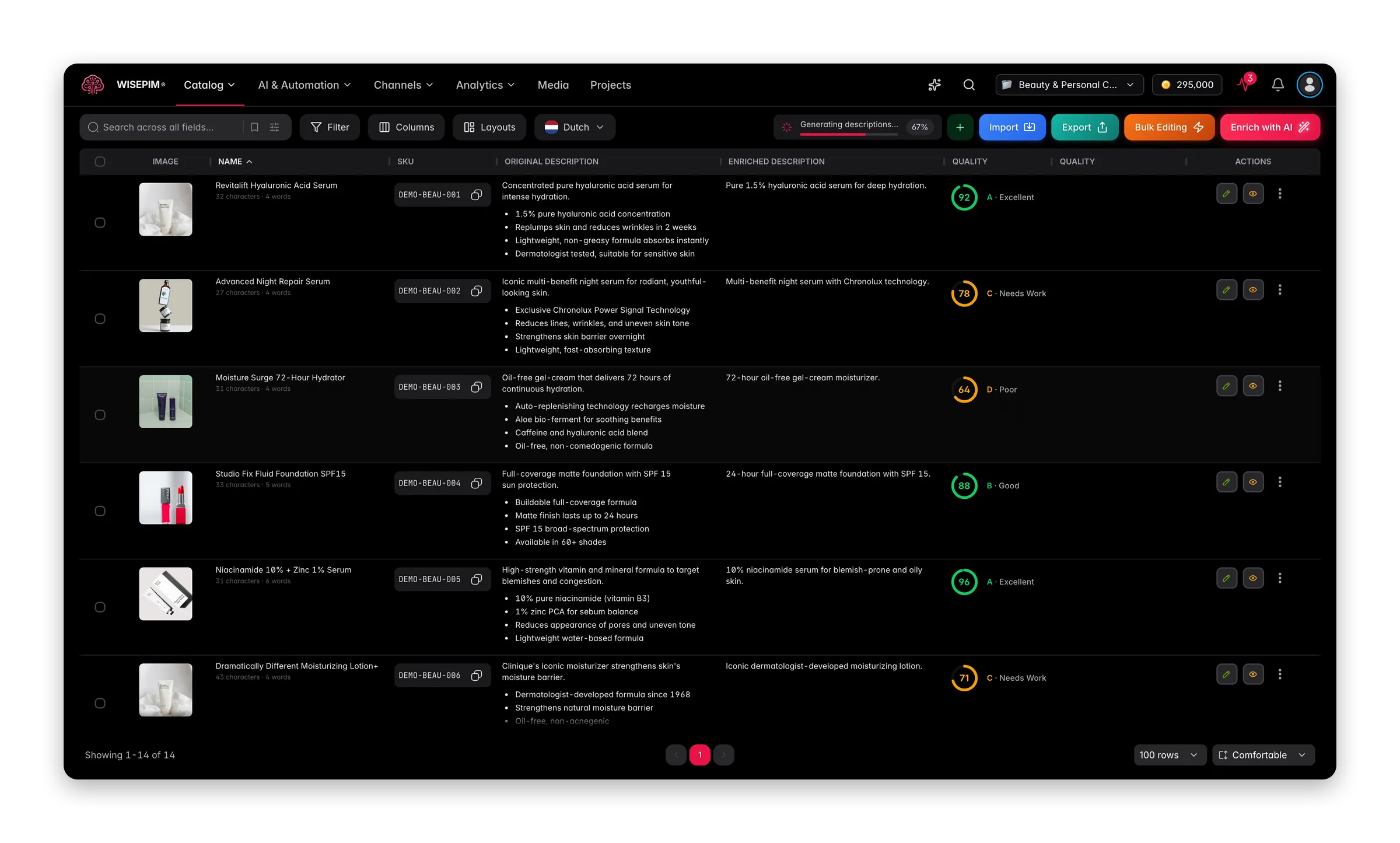 WISEPIM interface showing pim-for-beauty-personal-care products