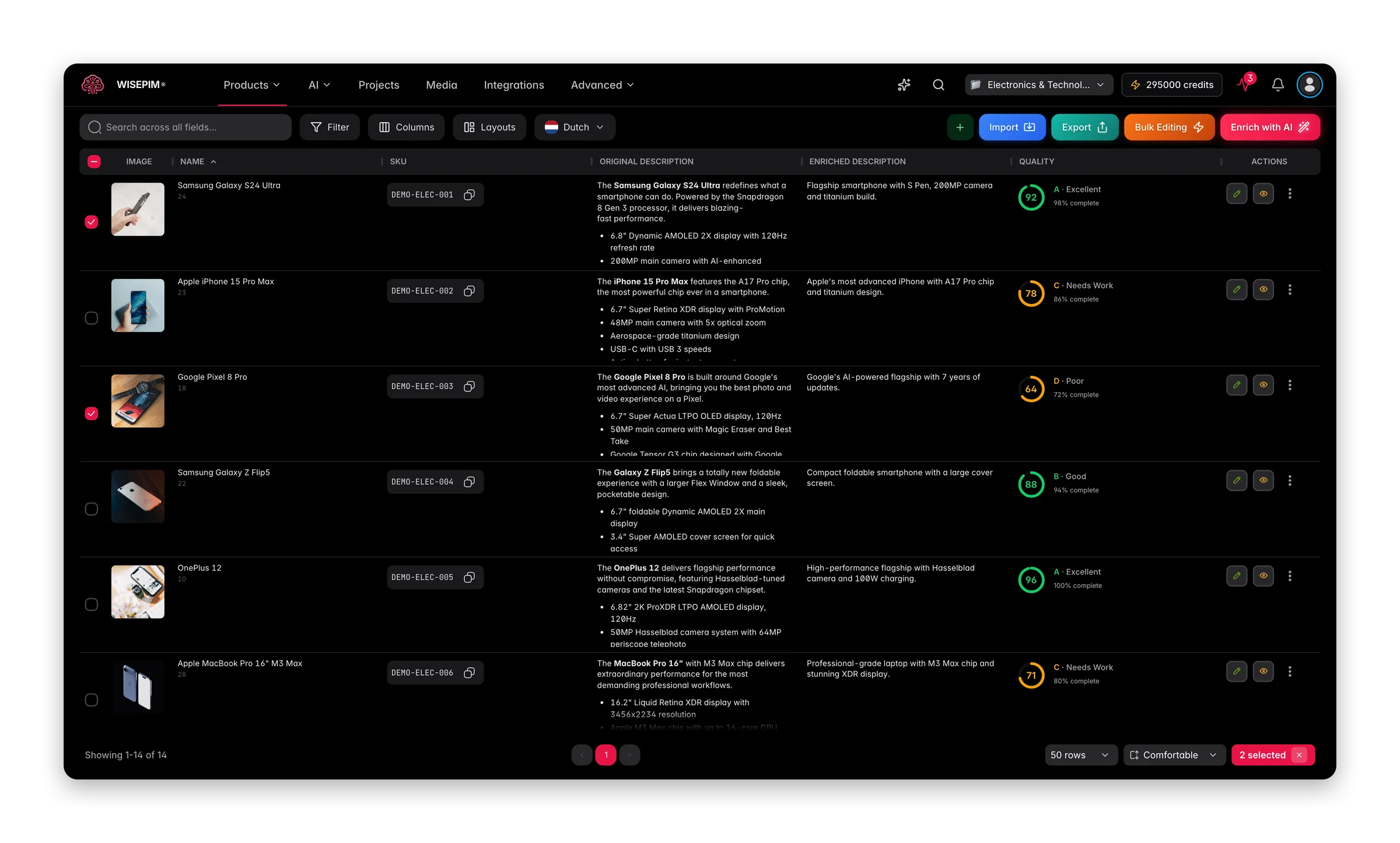 WISEPIM interface showing pim-for-books-digital-media products