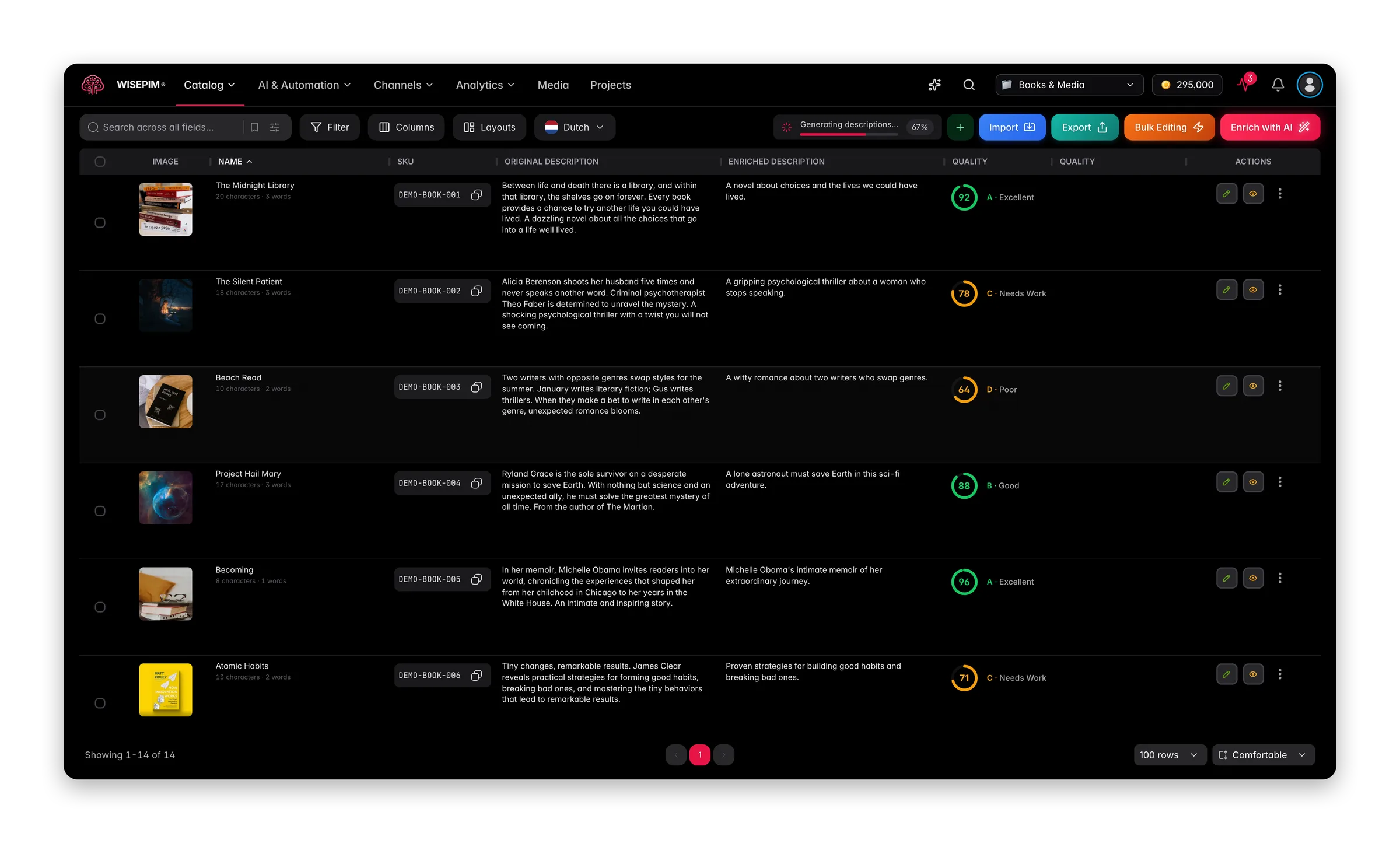 WISEPIM interface showing pim-for-books-digital-media products
