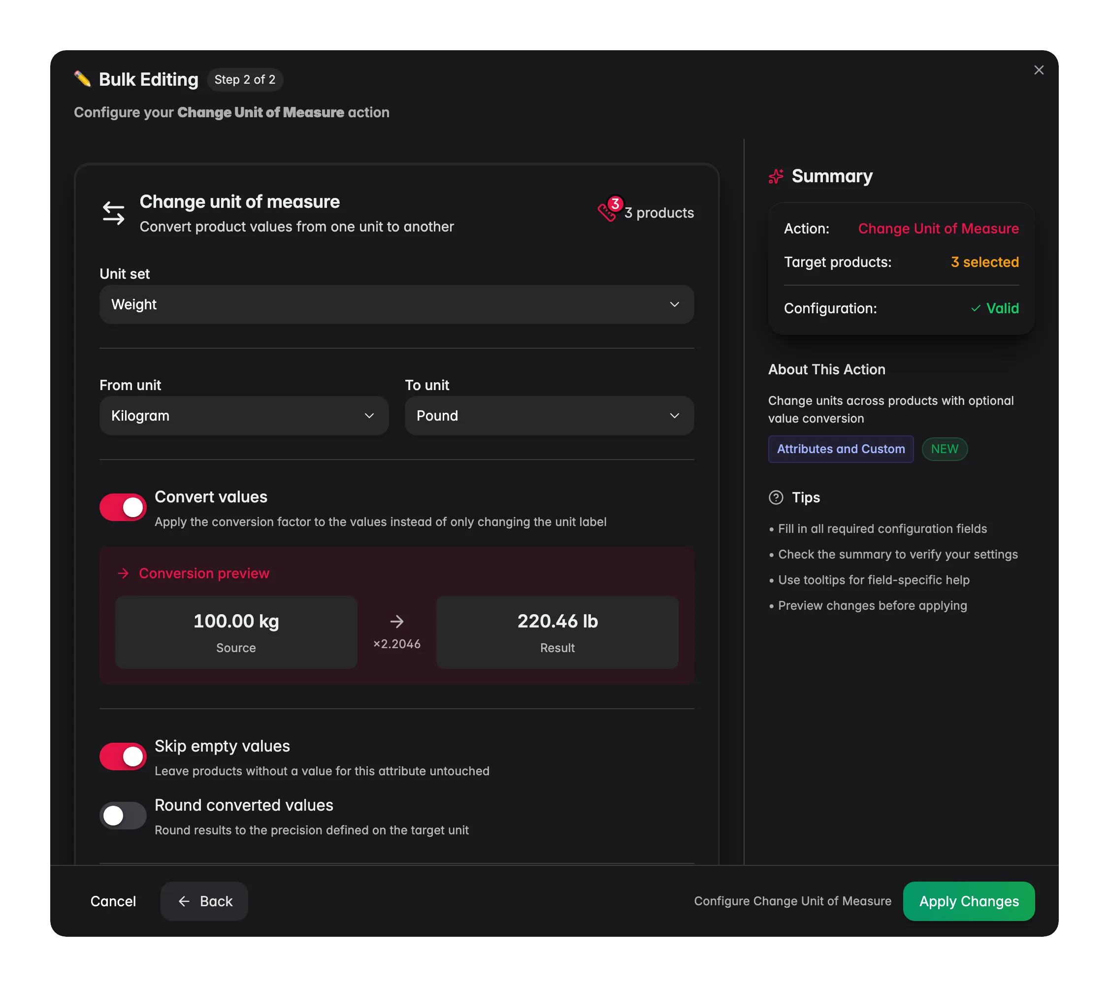 WISEPIM bulk editing converting a weight attribute from kilograms to pounds, with a conversion preview
