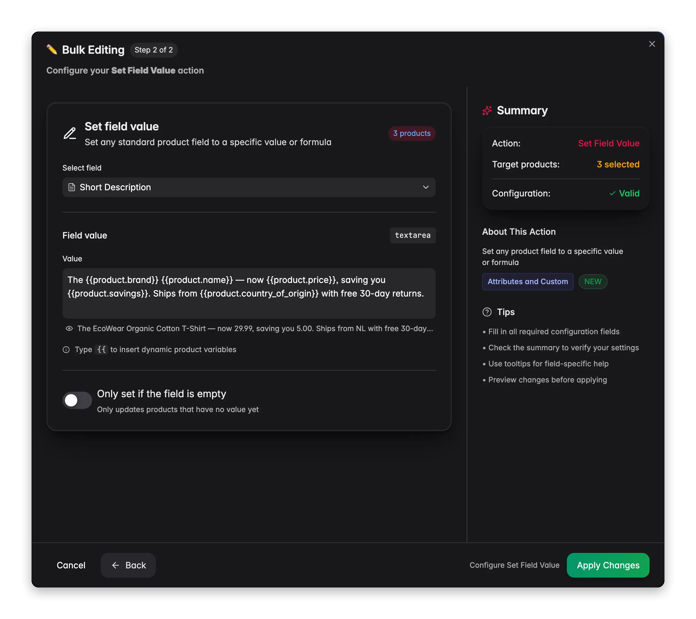 A bulk edit setting a short description from Content Logic variables, with the resolved preview underneath