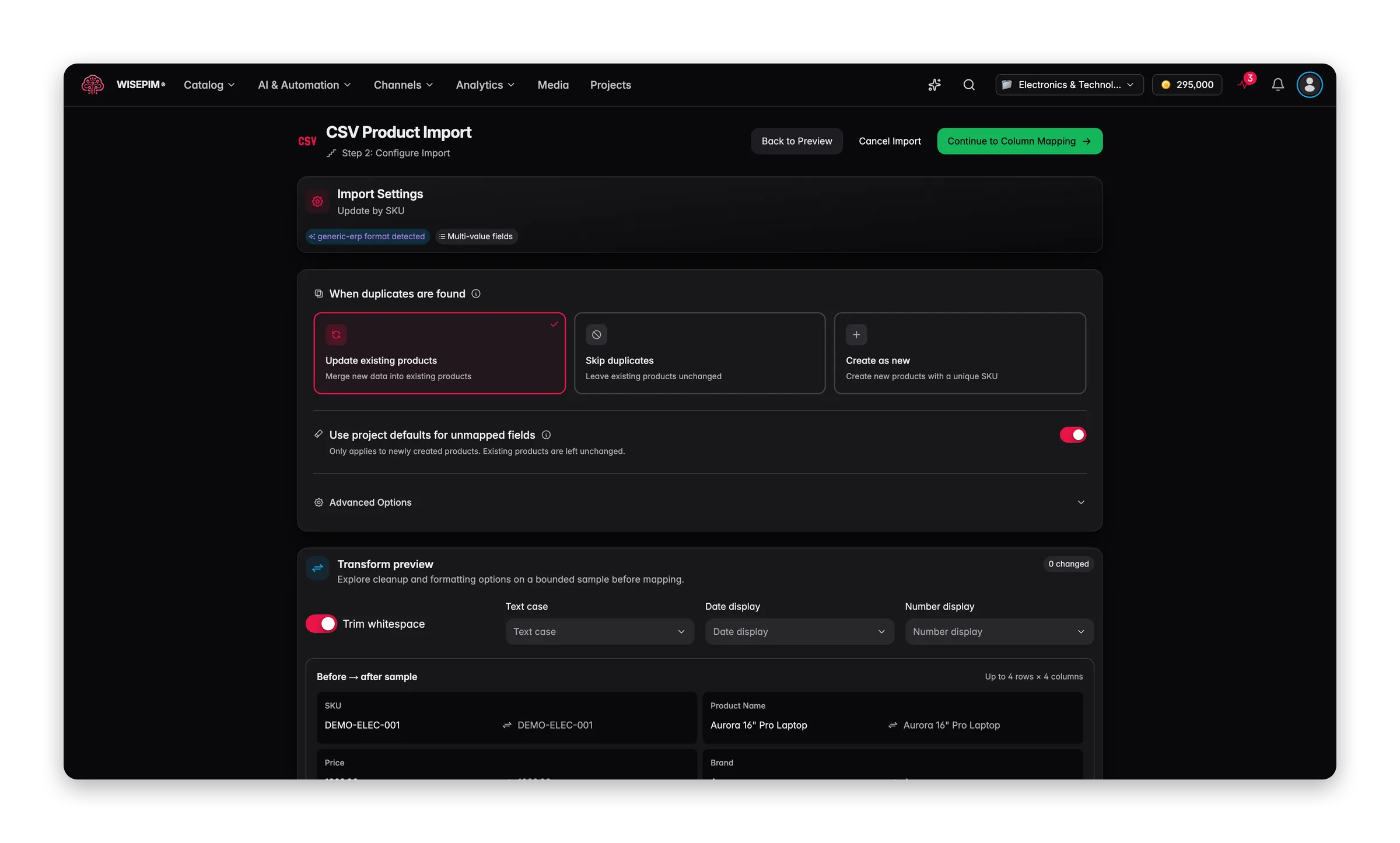 De configureerstap van de WISEPIM CSV-import met duplicaatafhandeling en standaardinstellingen
