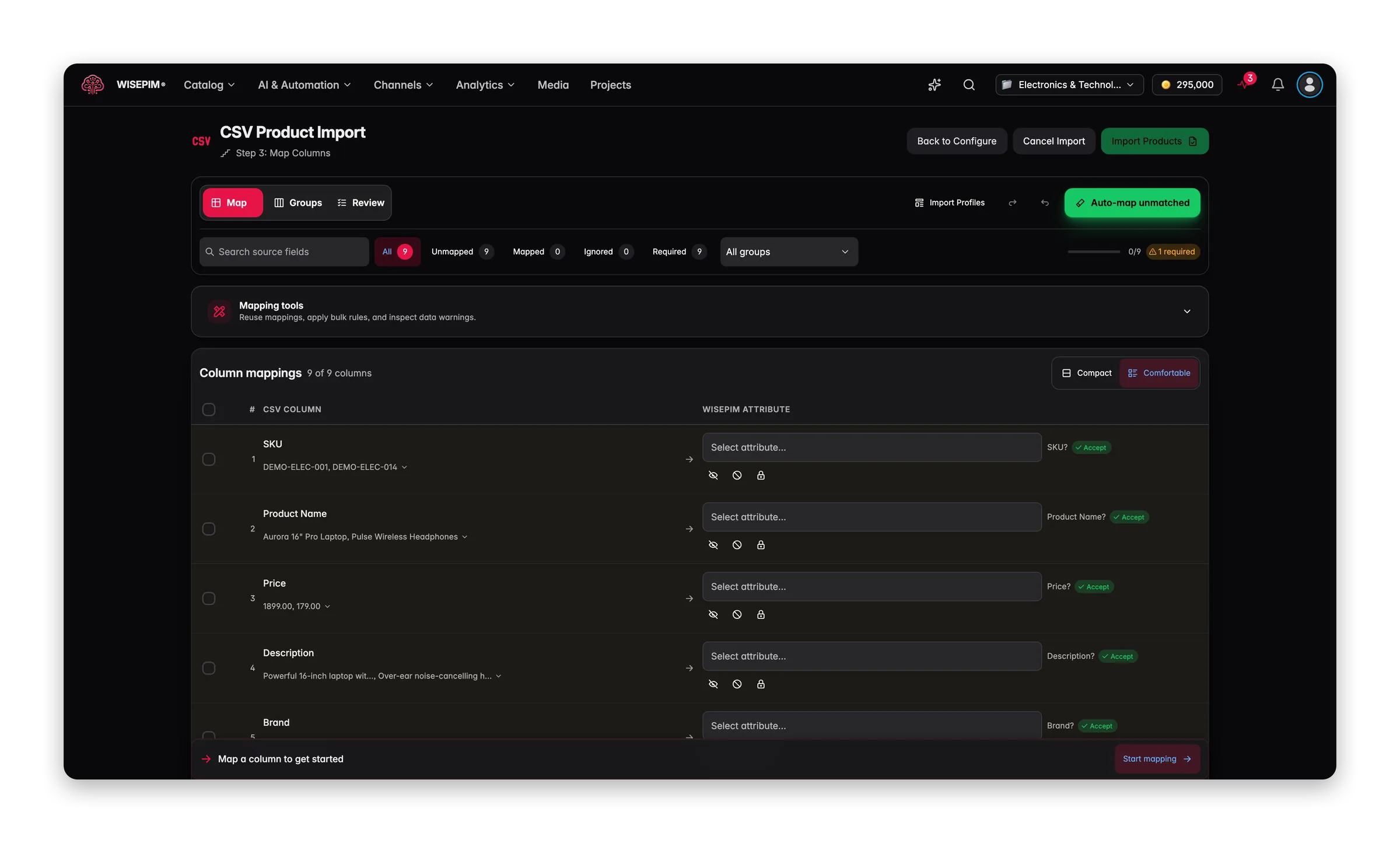 WISEPIM CSV-import waarin spreadsheetkolommen aan productvelden worden gekoppeld