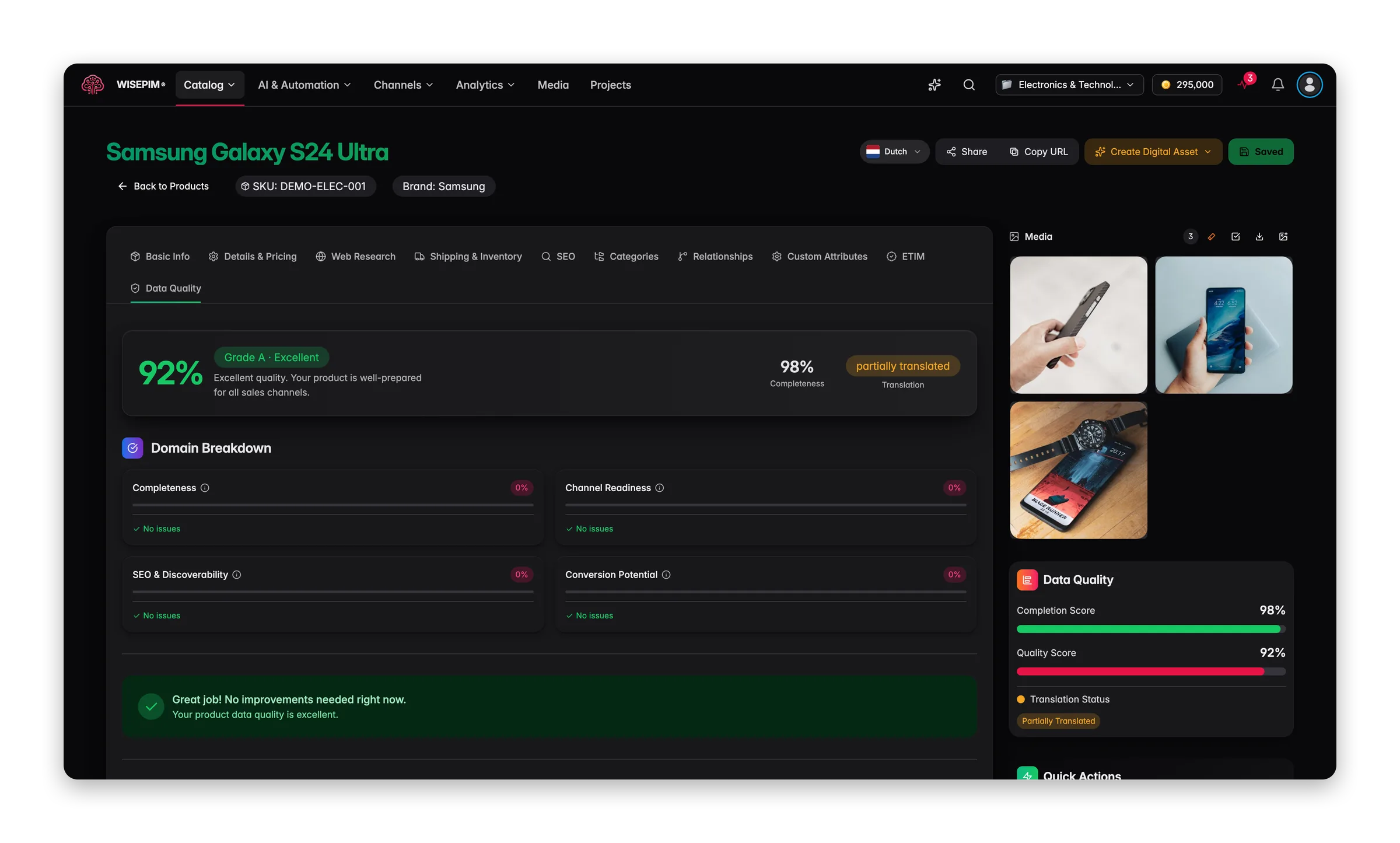 The Data Quality tab on a WISEPIM product, showing a 92% Grade A score, 98% completeness and a domain breakdown for completeness, channel readiness, SEO and conversion potential