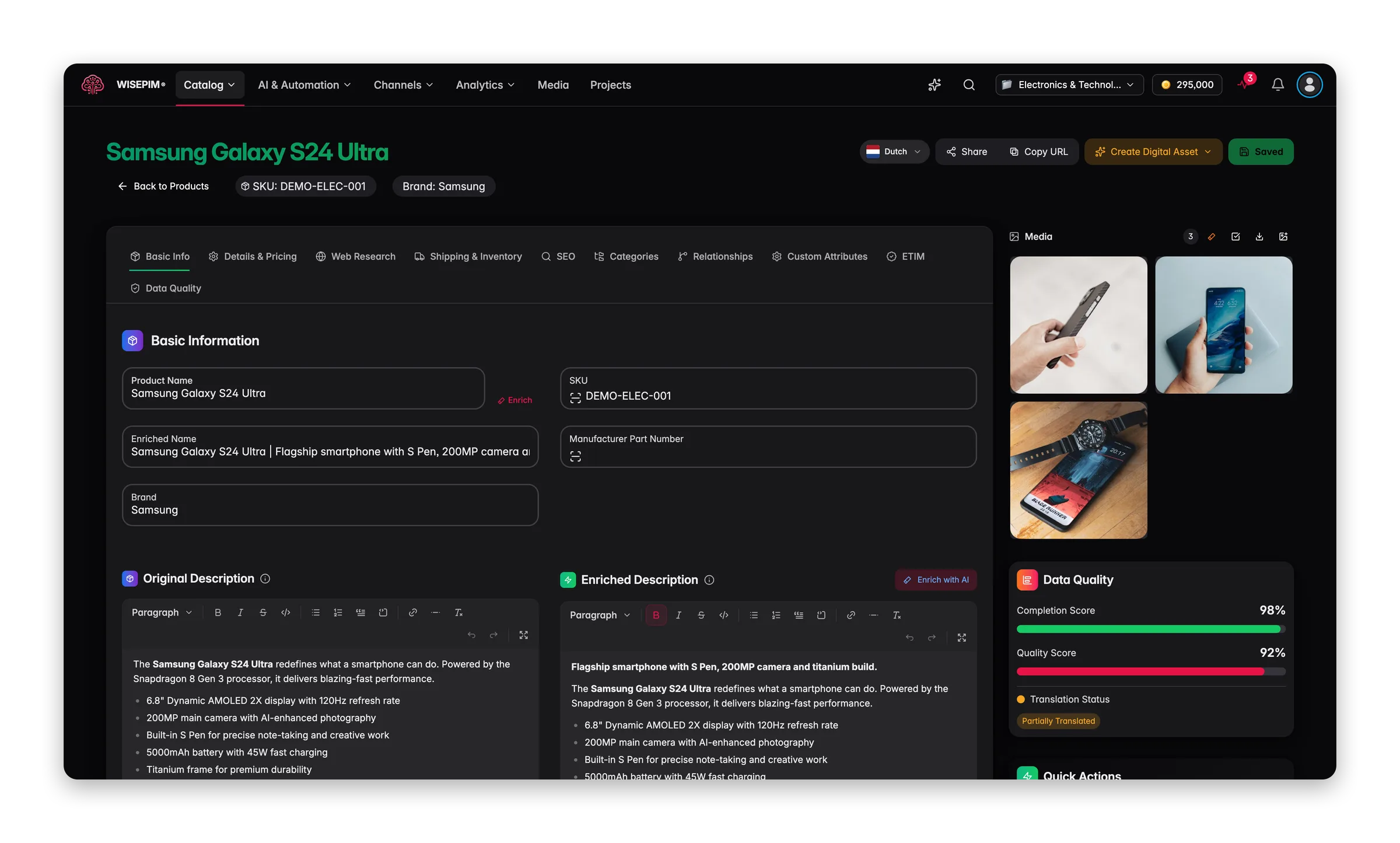 De WISEPIM-producteditor met attributen en verrijkingsacties