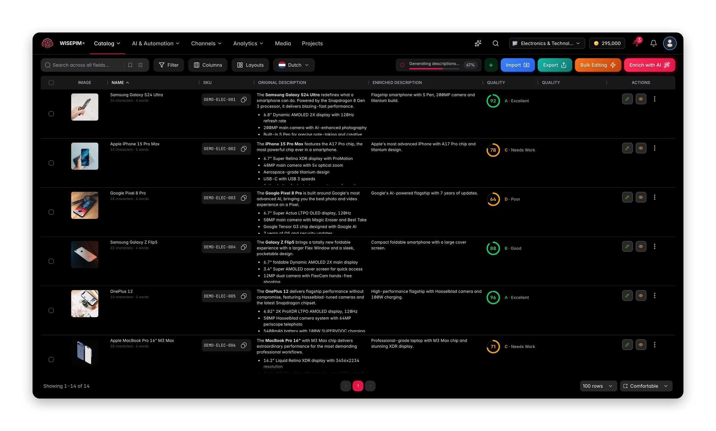 WISEPIM interface showing pim-for-retailers products