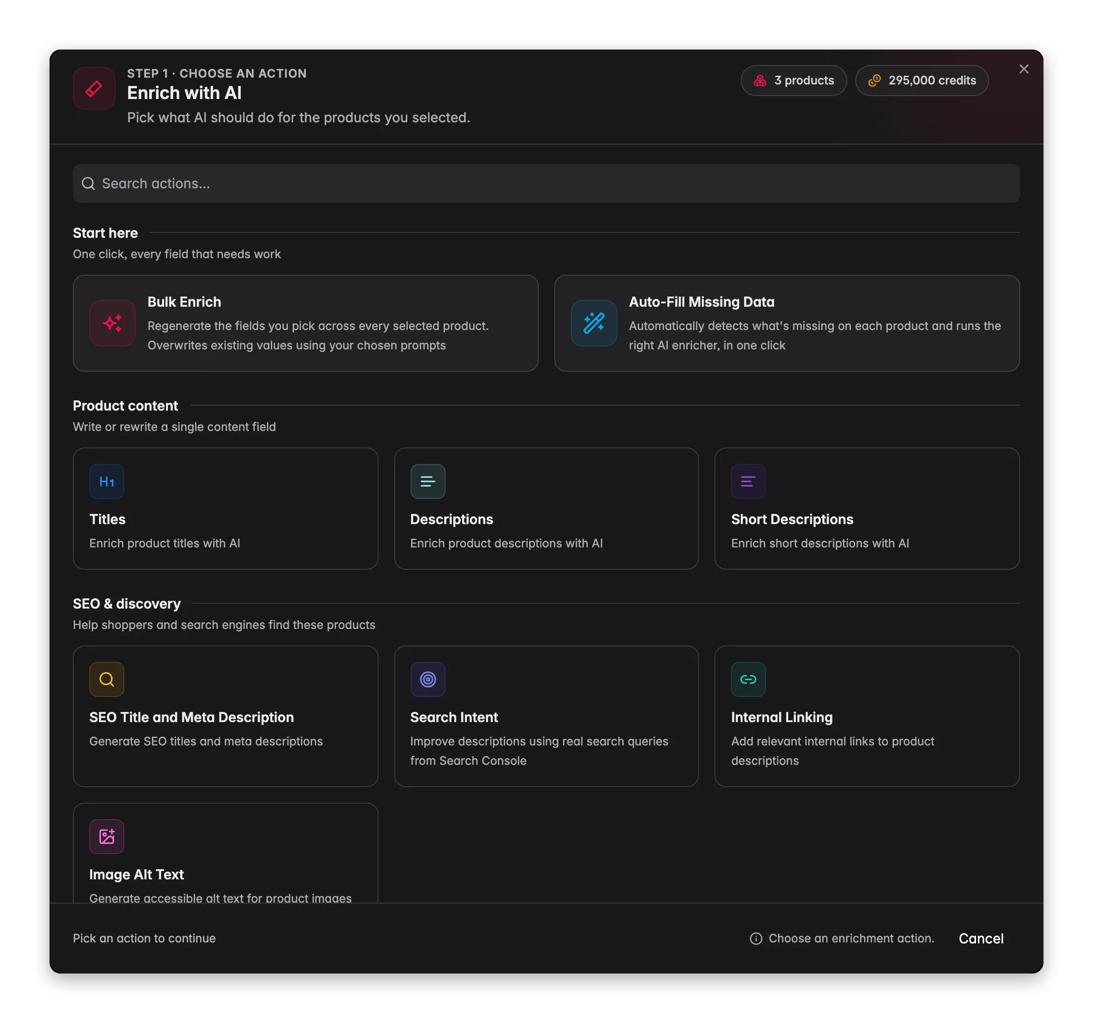The Enrich with AI dialog listing the enrichment actions
