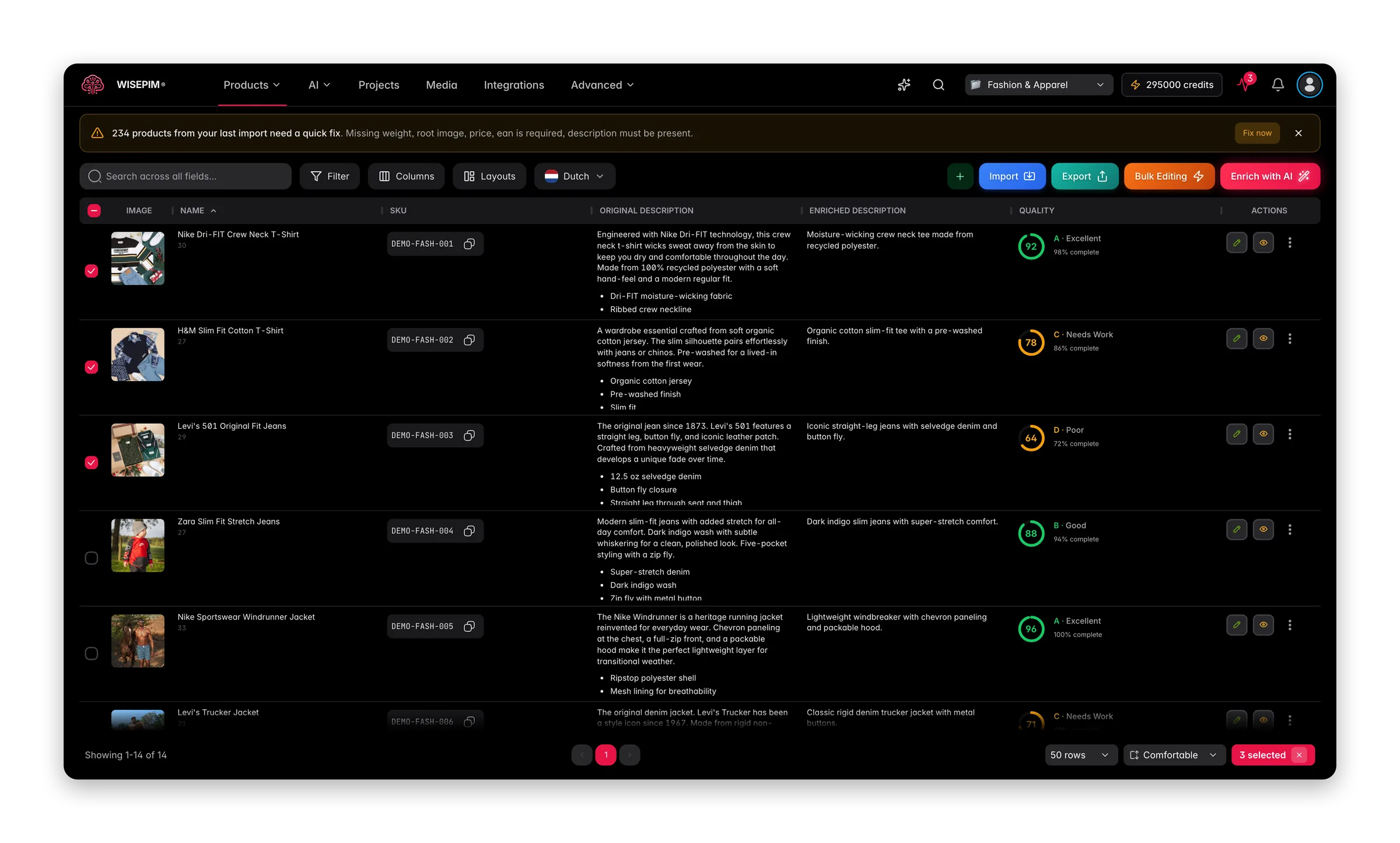 WISEPIM interface showing pim-for-fashion products