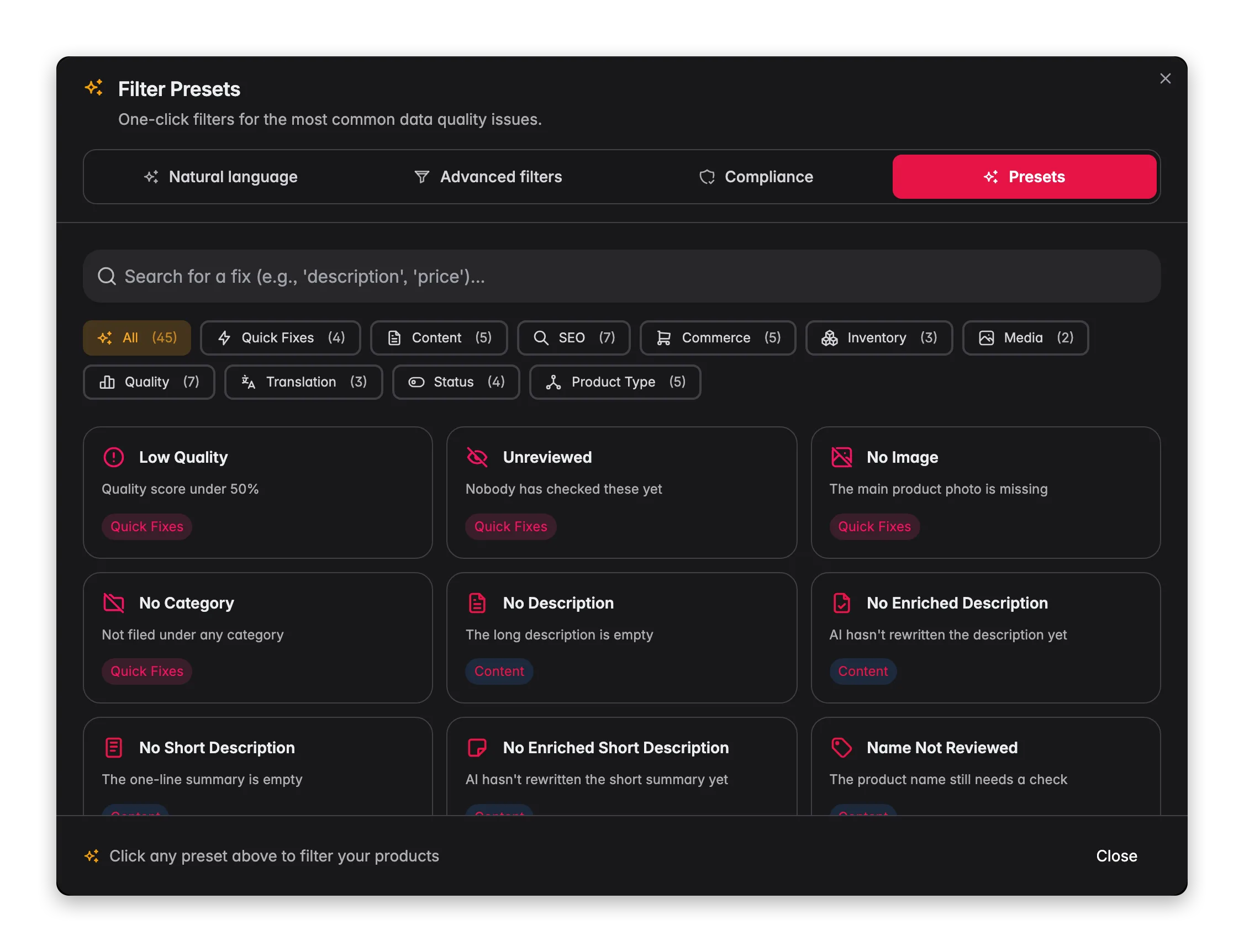 Filter presets for unreviewed products, missing descriptions, missing images and low quality scores