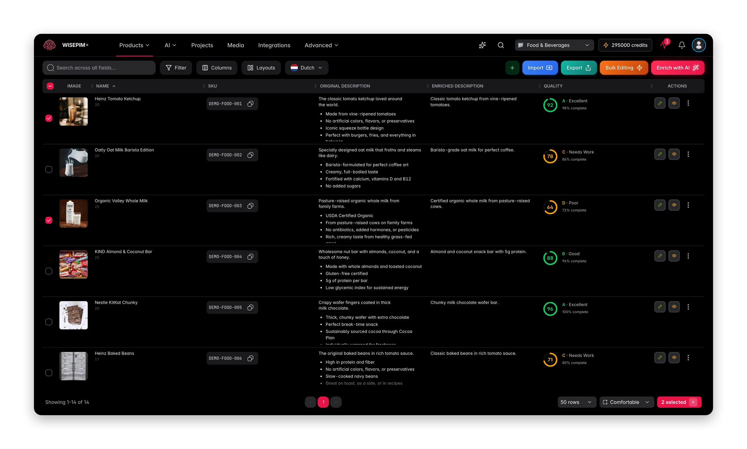 WISEPIM interface showing pim-for-grocery products