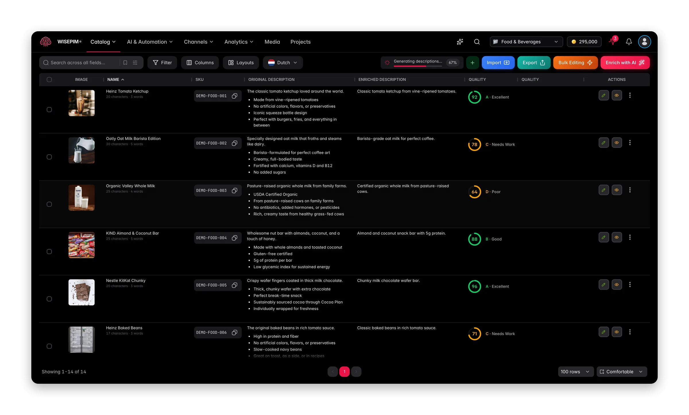 WISEPIM interface showing pim-for-grocery products