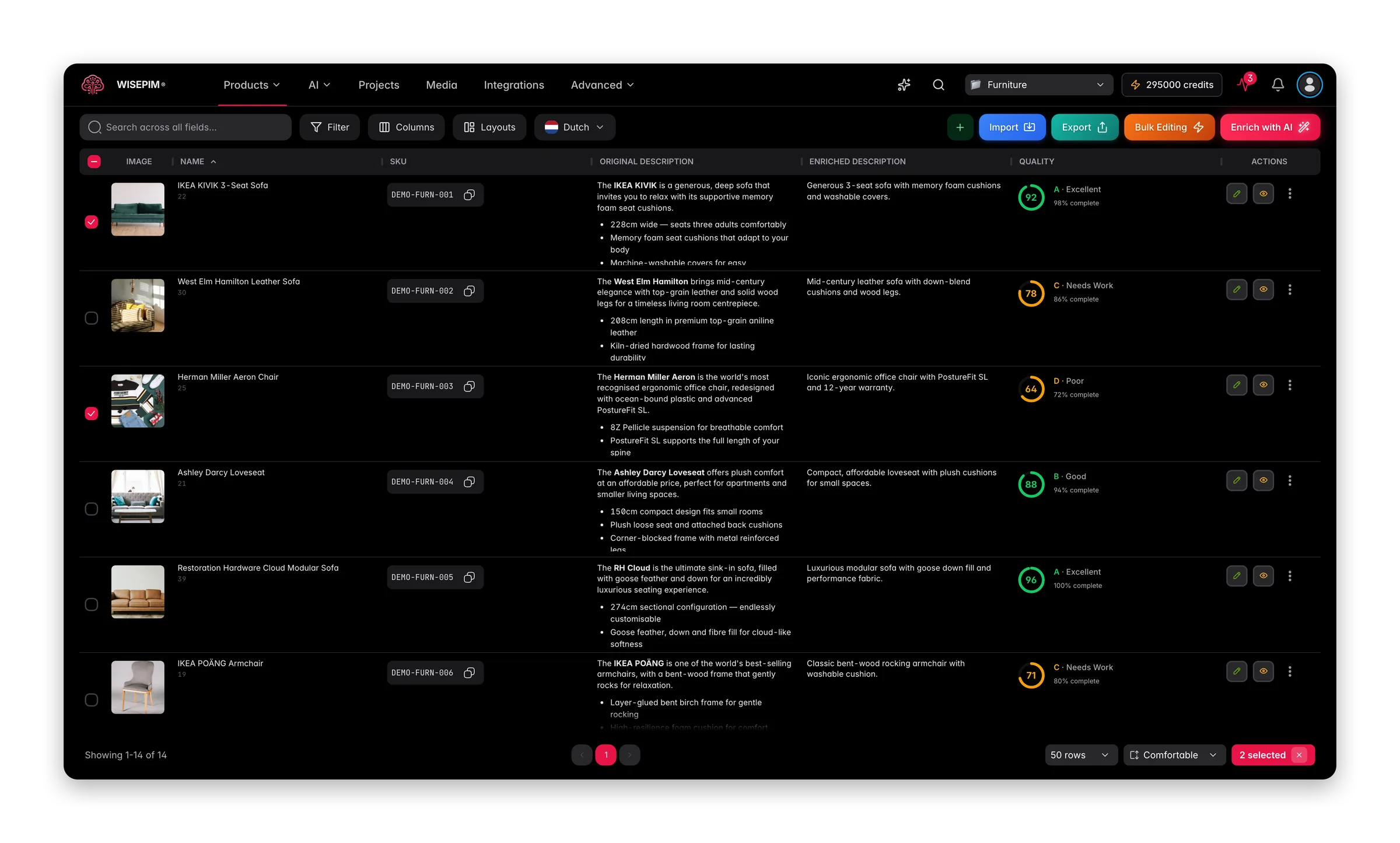 WISEPIM interface showing pim-for-furniture products