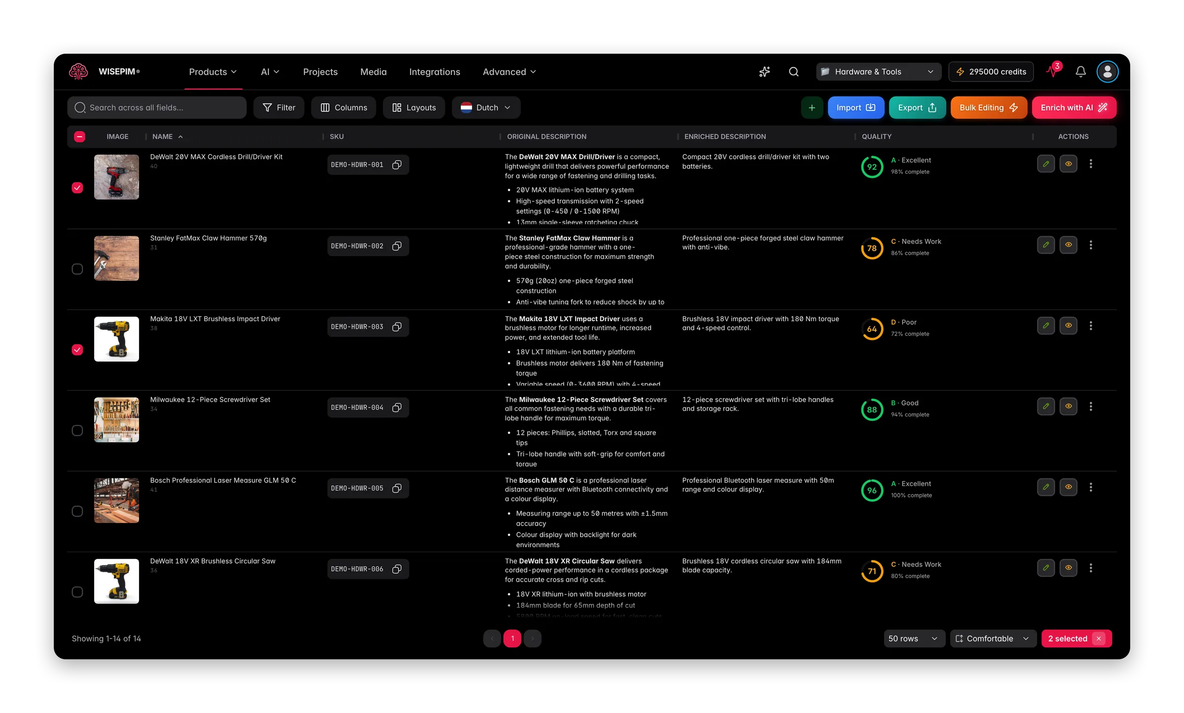WISEPIM interface showing pim-for-home-improvement products