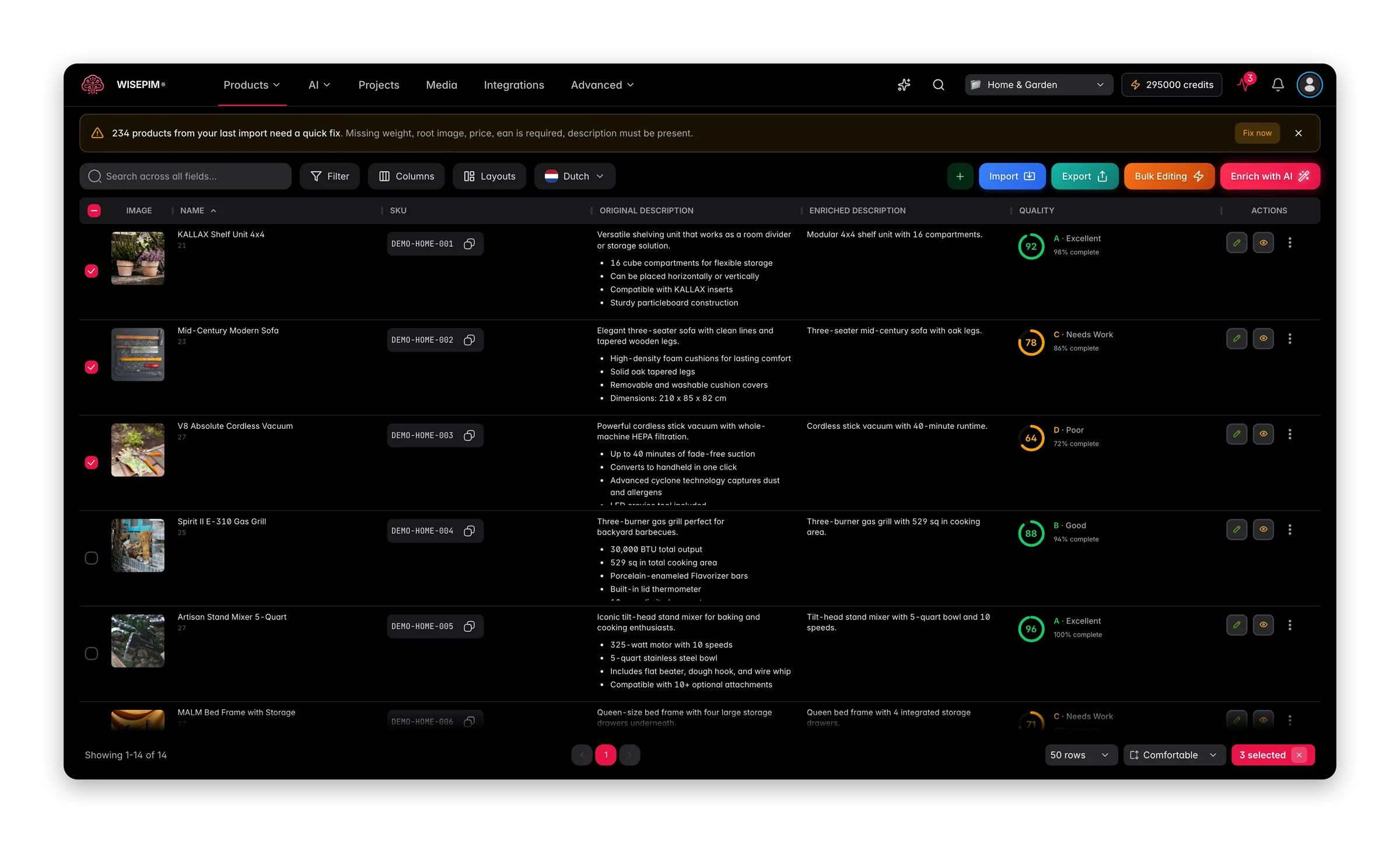 WISEPIM interface showing pim-for-garden-outdoor products