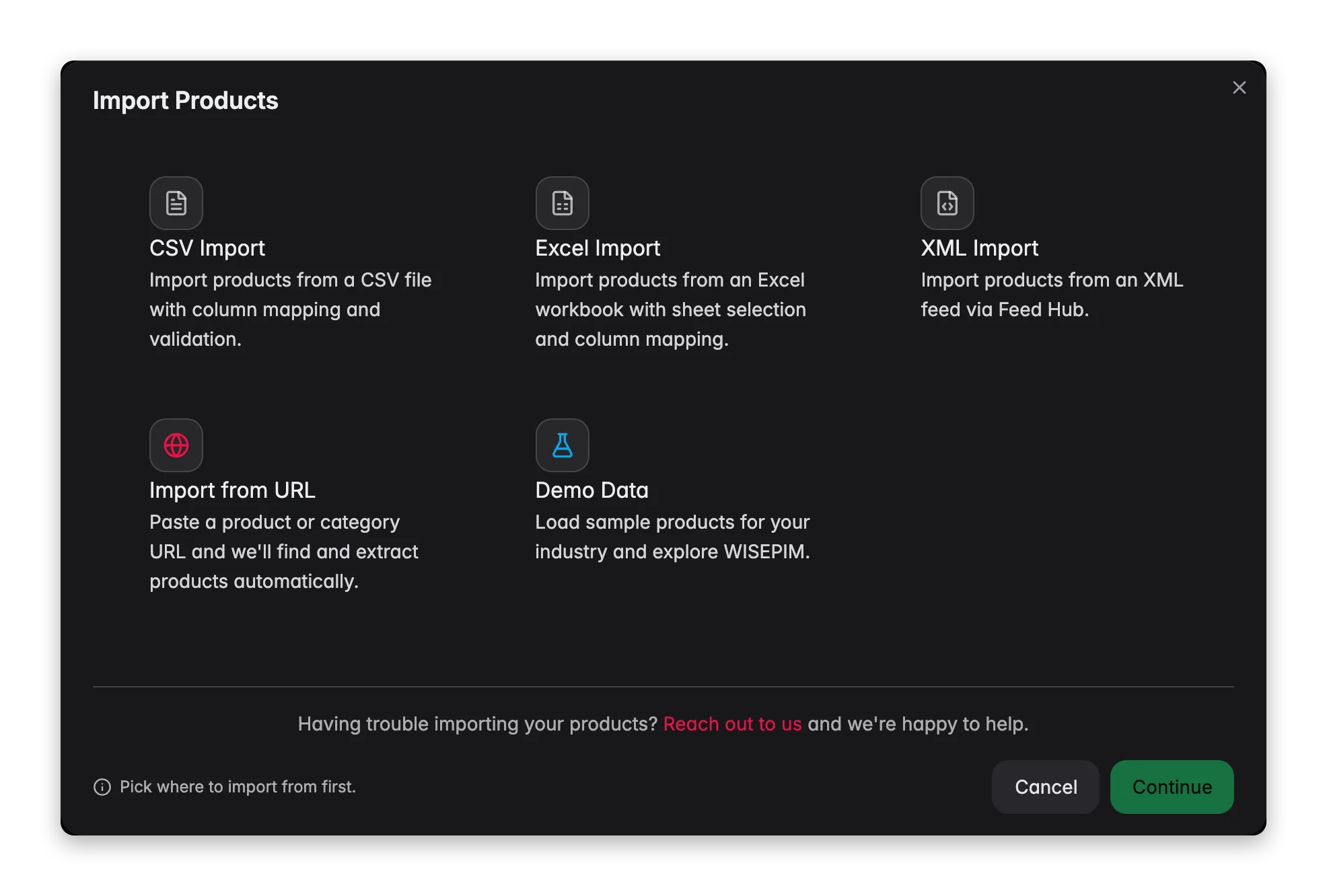 The Import Products dialog with CSV, Excel, XML, URL and demo data as sources