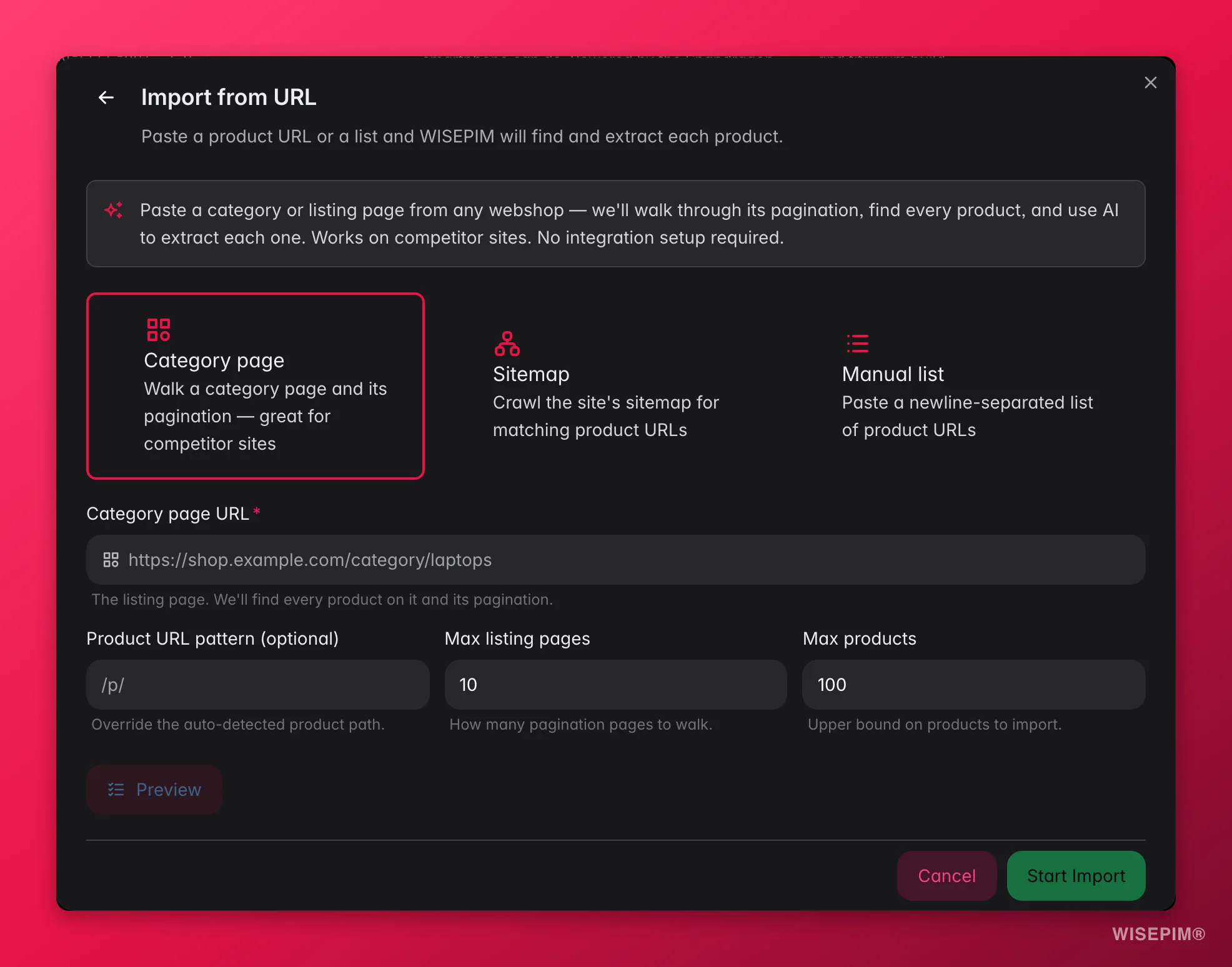 WISEPIM web scraping import-wizard met categoriepagina, sitemap en handmatige lijst als bronnen