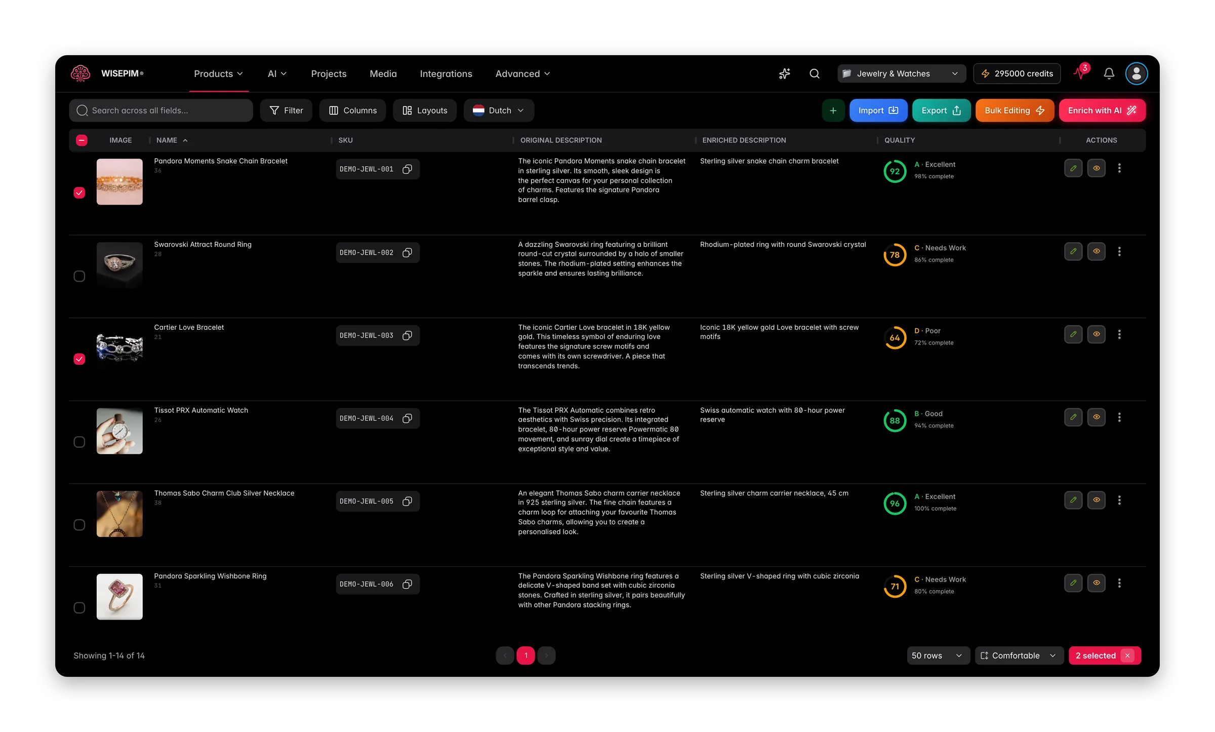 WISEPIM interface showing pim-for-jewelry products
