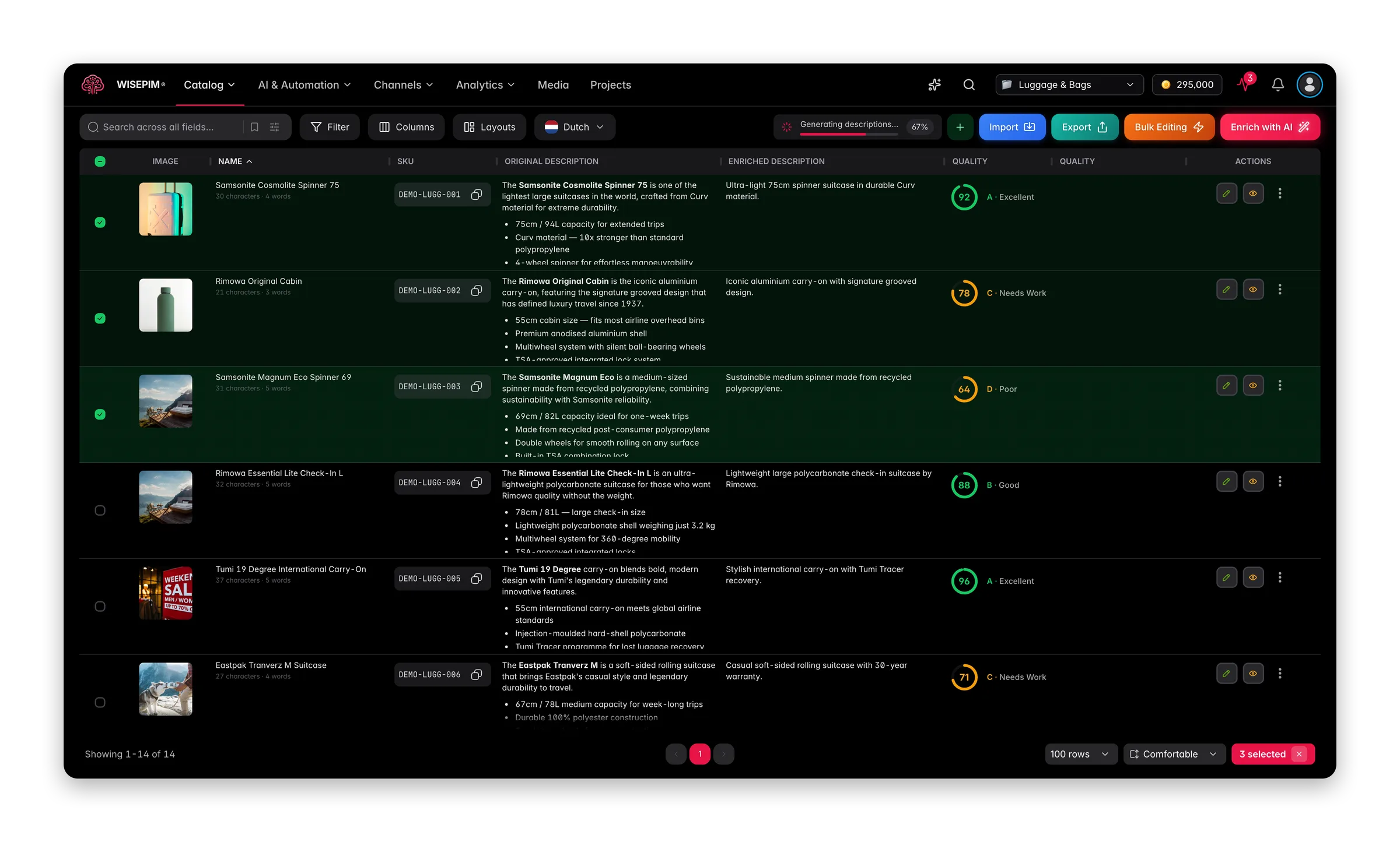 WISEPIM interface showing pim-for-luggage-bags products